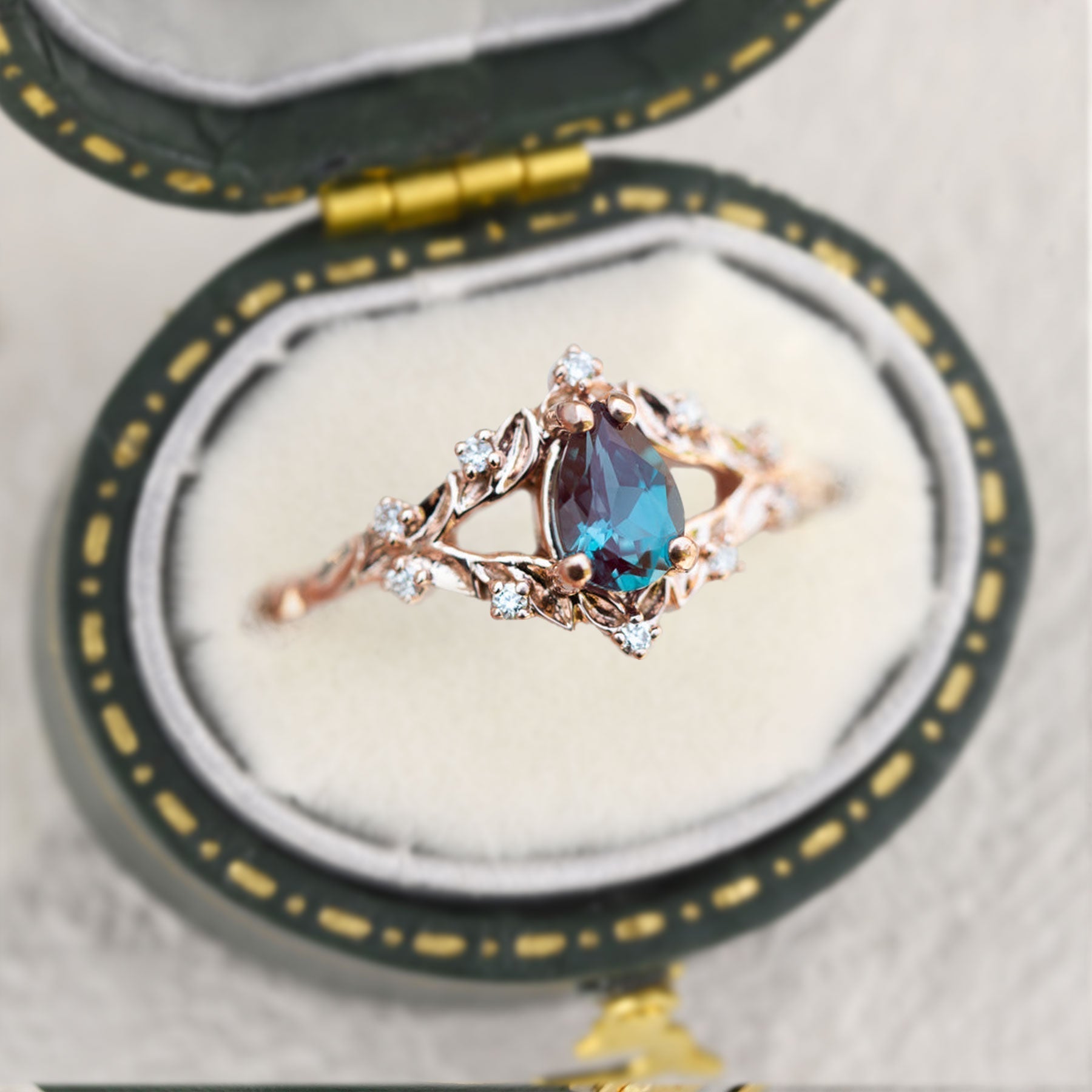 Unique Briar Rose Pear Lab Alexandrite Ring - Oore Jewelry