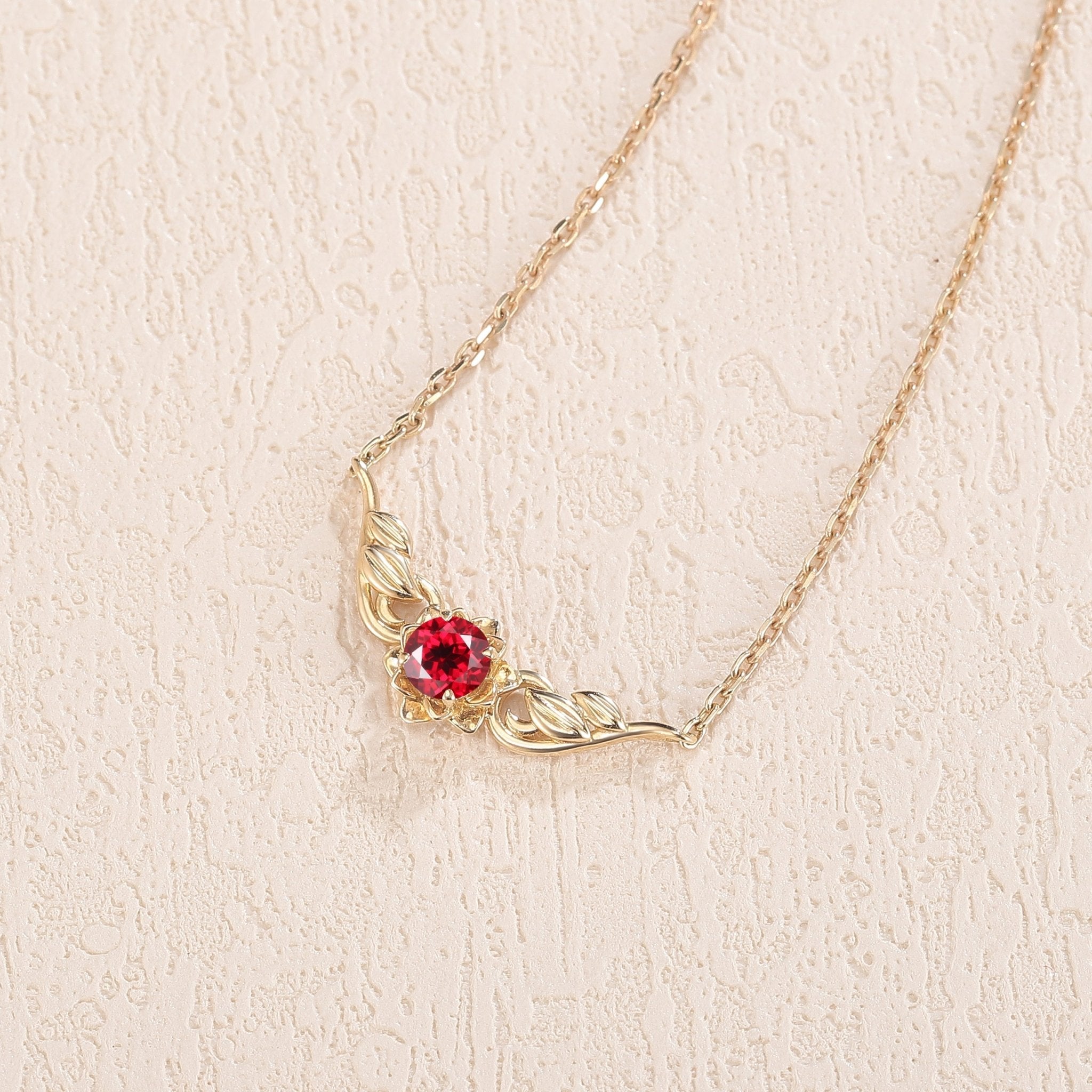 Unique Round Cut Lab Ruby Flora Necklace - Oore Jewelry