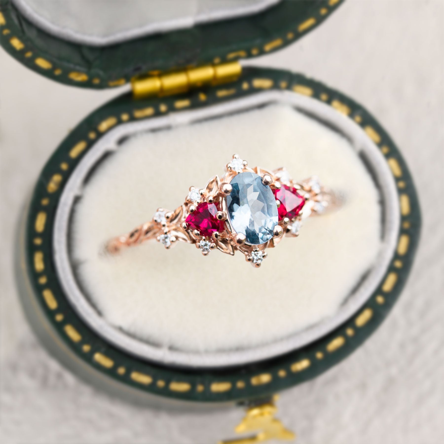 Unique Briar Rose Three Stone Oval Lab Grey Spinel and Ruby Ring - Oore Jewelry