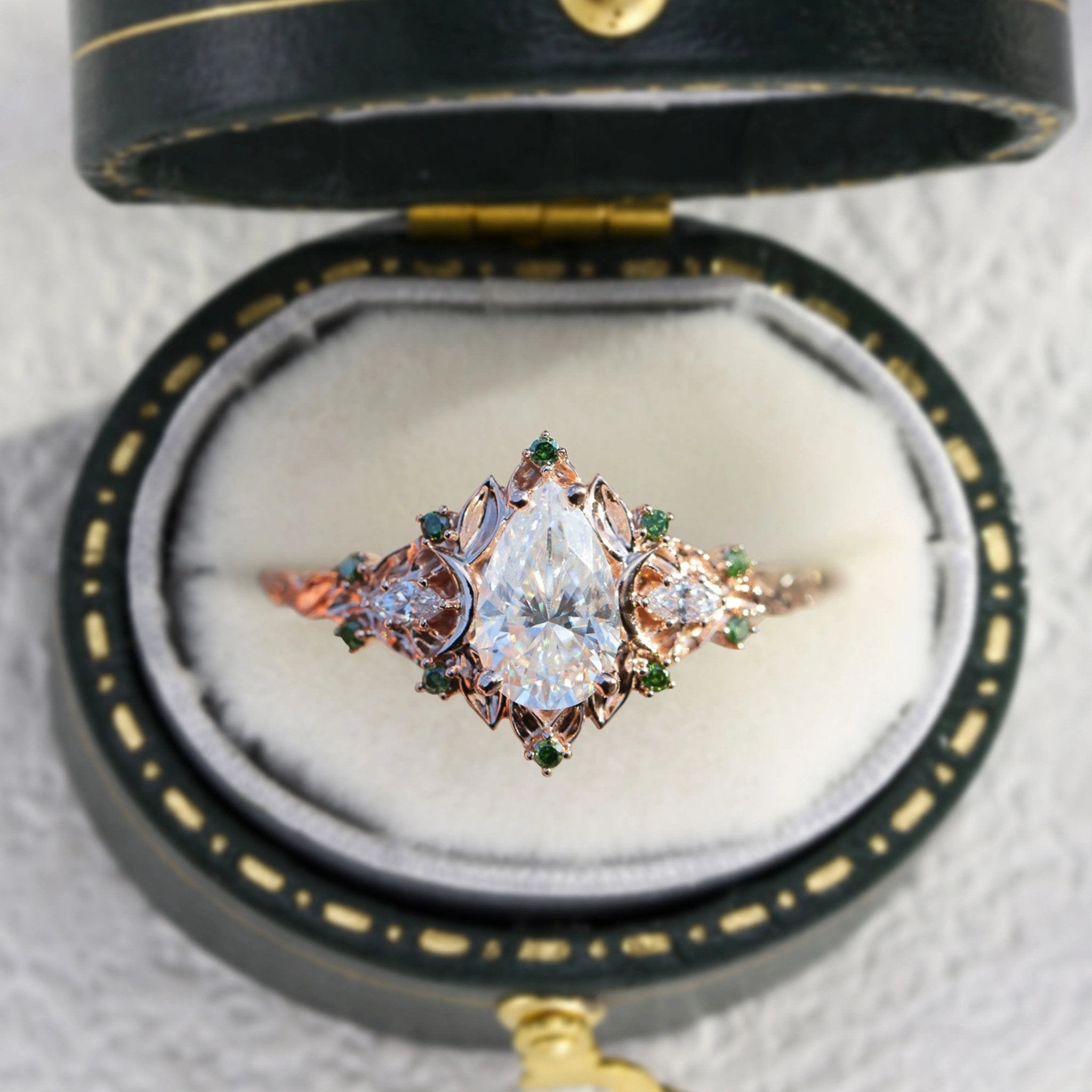 Unique floral engagement rings Moon Three Stone Pear Moissanite Ring - Oore Jewelry
