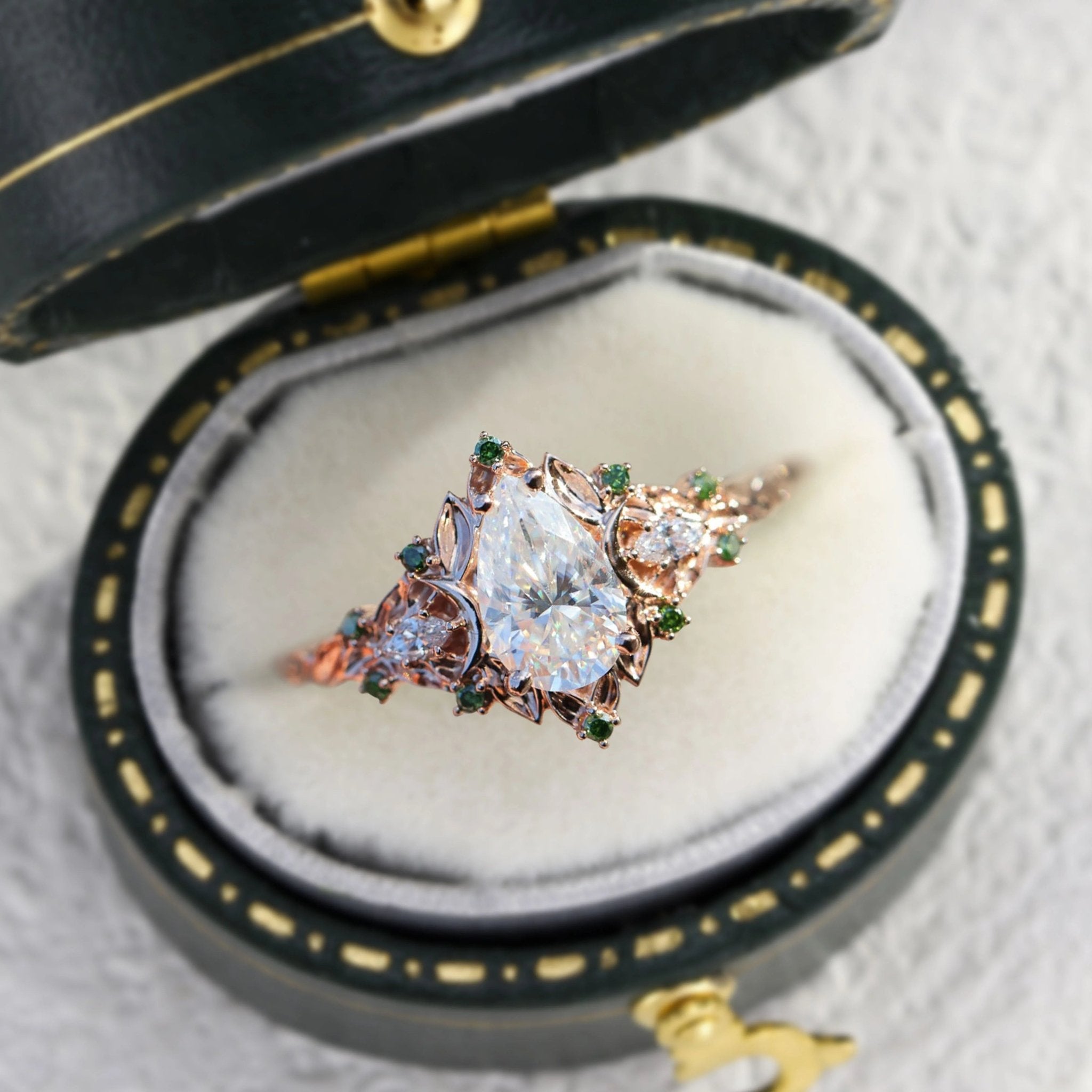 Unique floral engagement rings Moon Three Stone Pear Moissanite Ring - Oore Jewelry