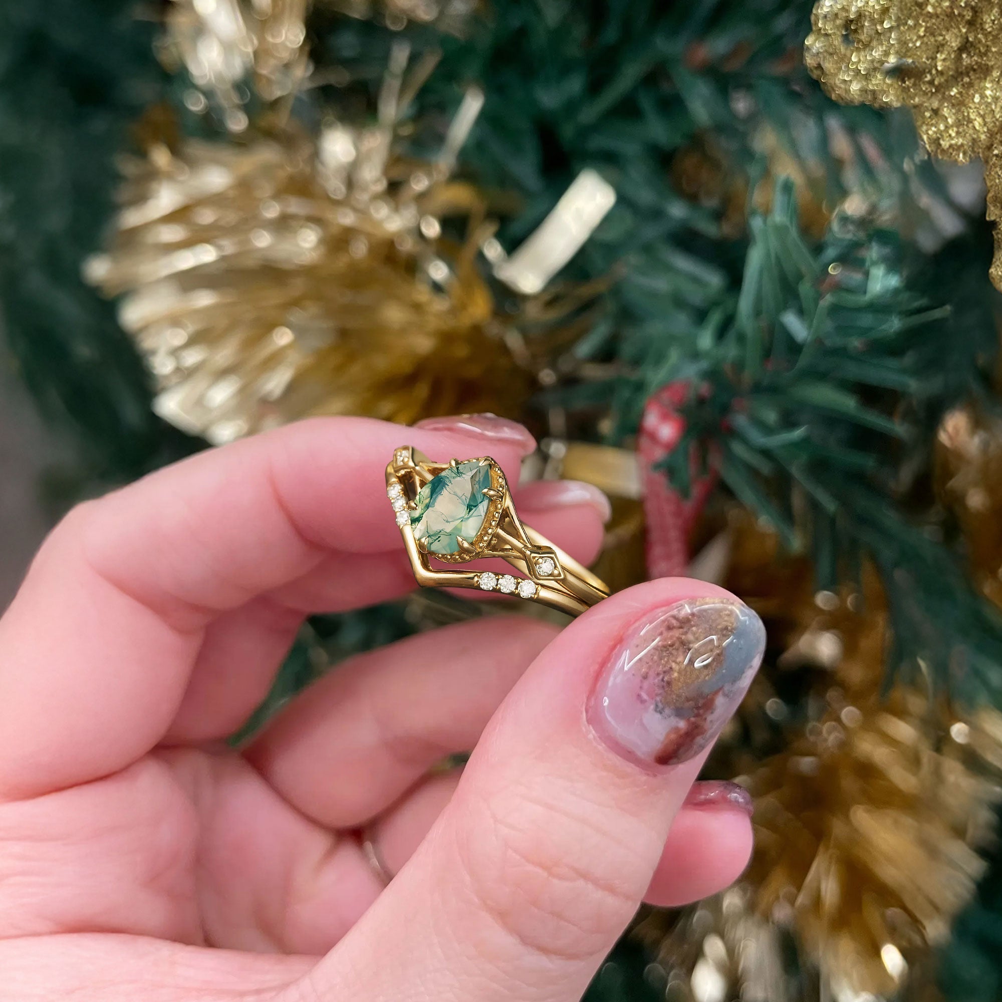 Unique Pear Moss Agate Bridal Ring Set - Oore Jewelry