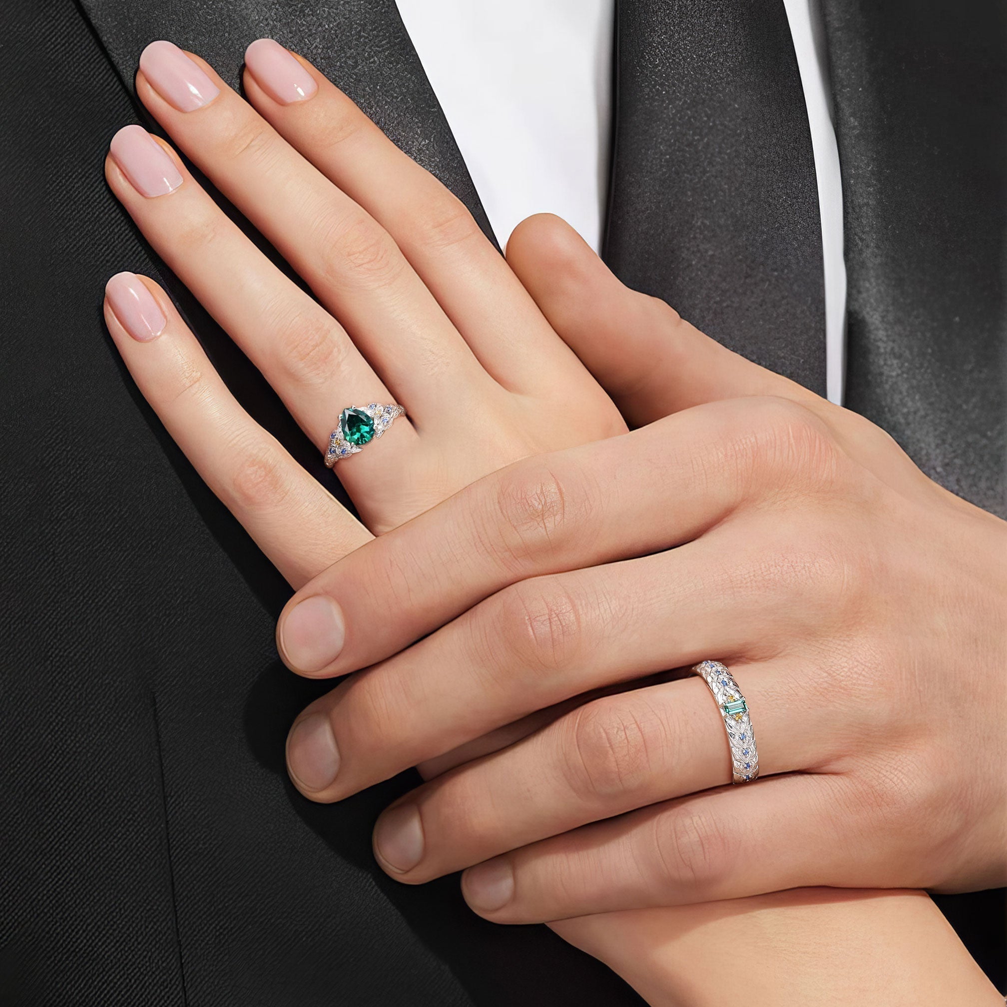 Unique Pear Lab Emerald His and Hers Matching Wedding Ring Set - Oore Jewelry