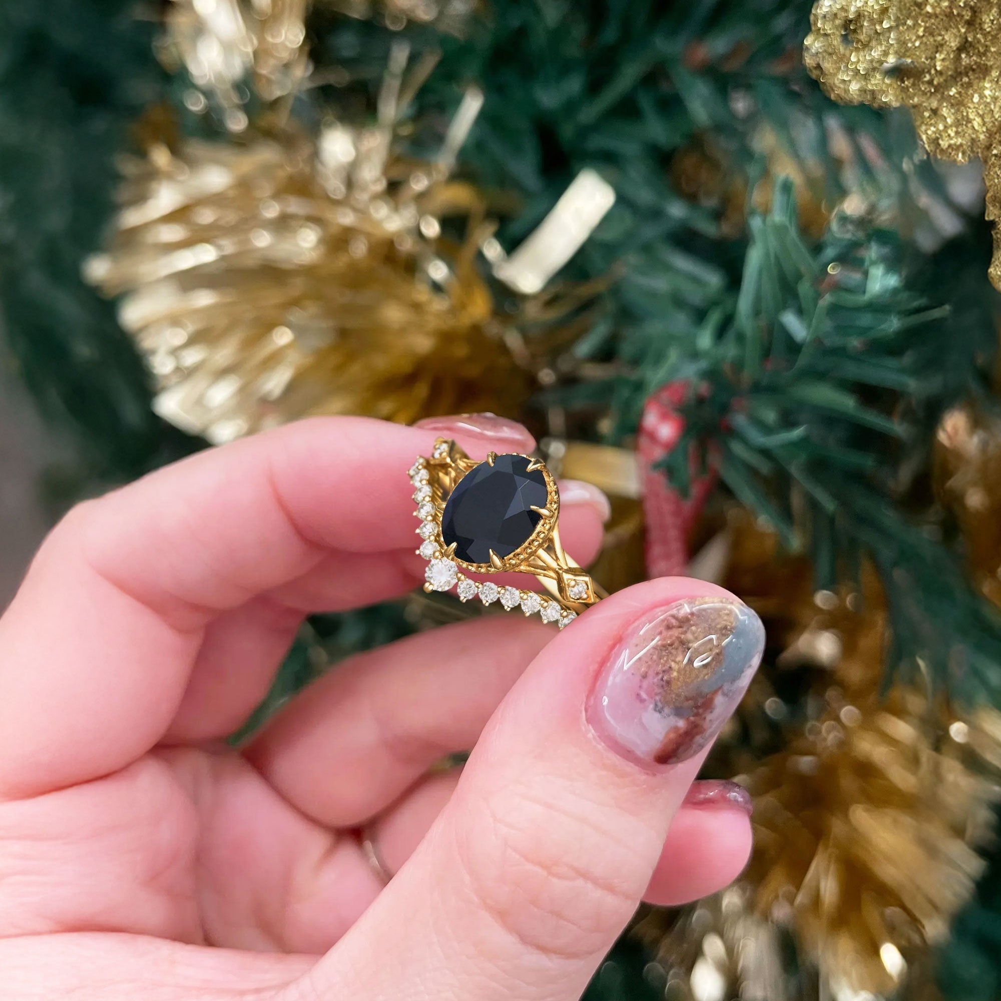 Vintage Oval Black Onyx and Moissanite Bridal Set - Oore Jewelry