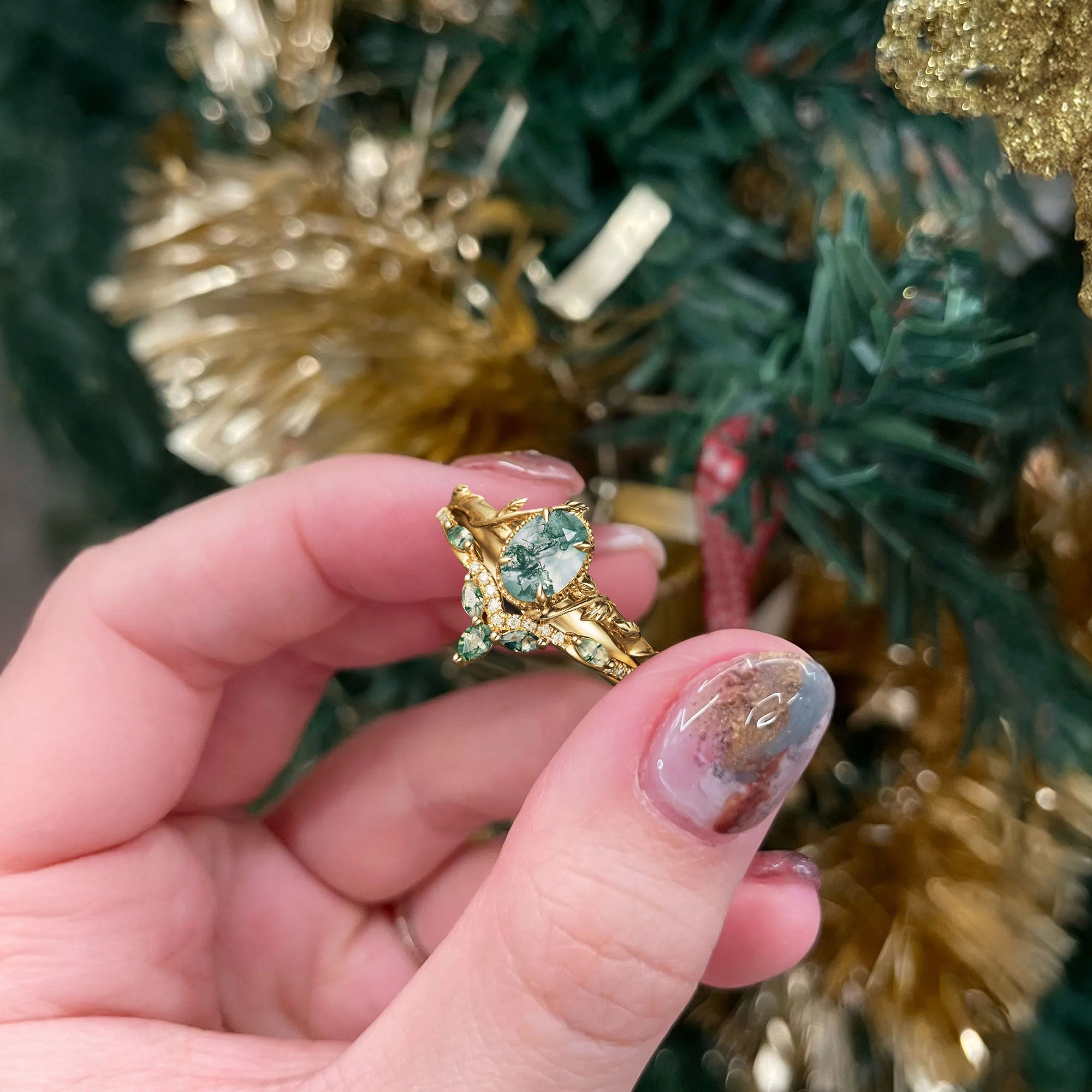 Unique Oval Moss Agate Twig Wedding Ring Set Bridal Ring Set - Oore Jewelry