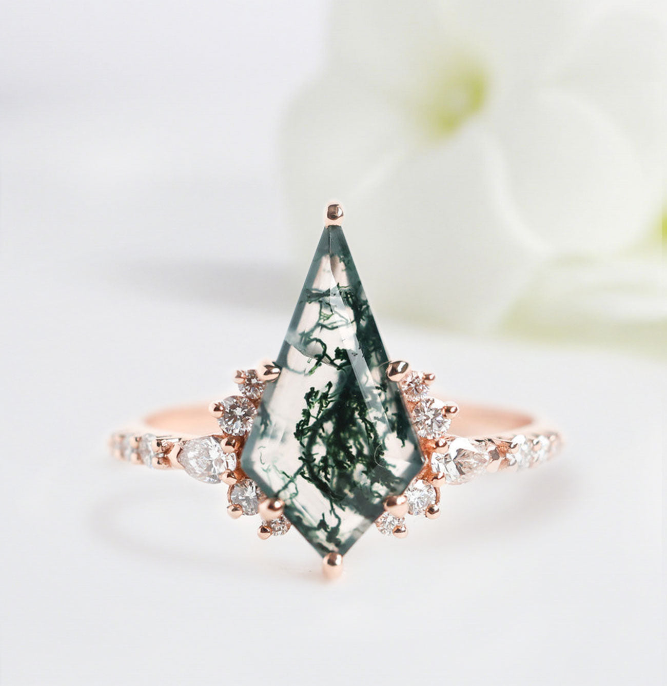 Unique Kite Moss Agate Engagement Ring Set - Oore Jewelry