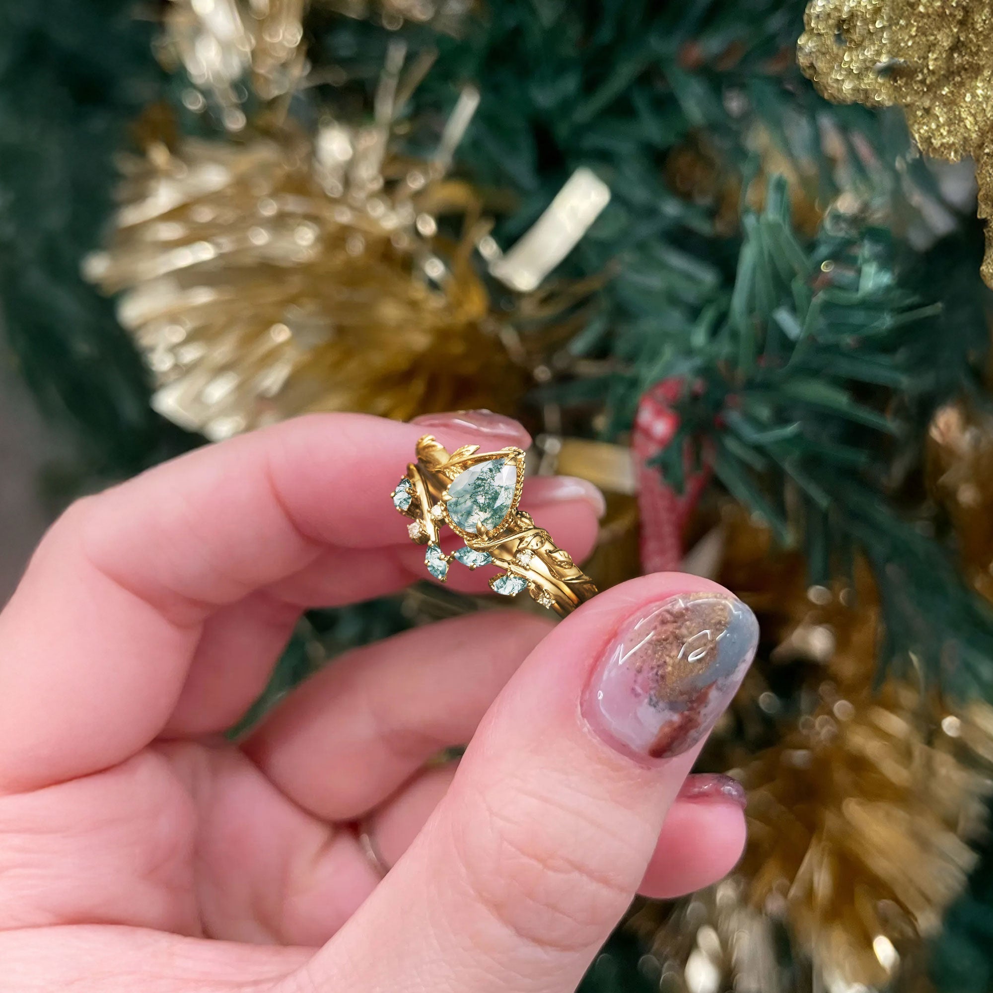 Unique Pear Moss Agate Bridal Ring Set Leaf Ring Set - Oore Jewelry