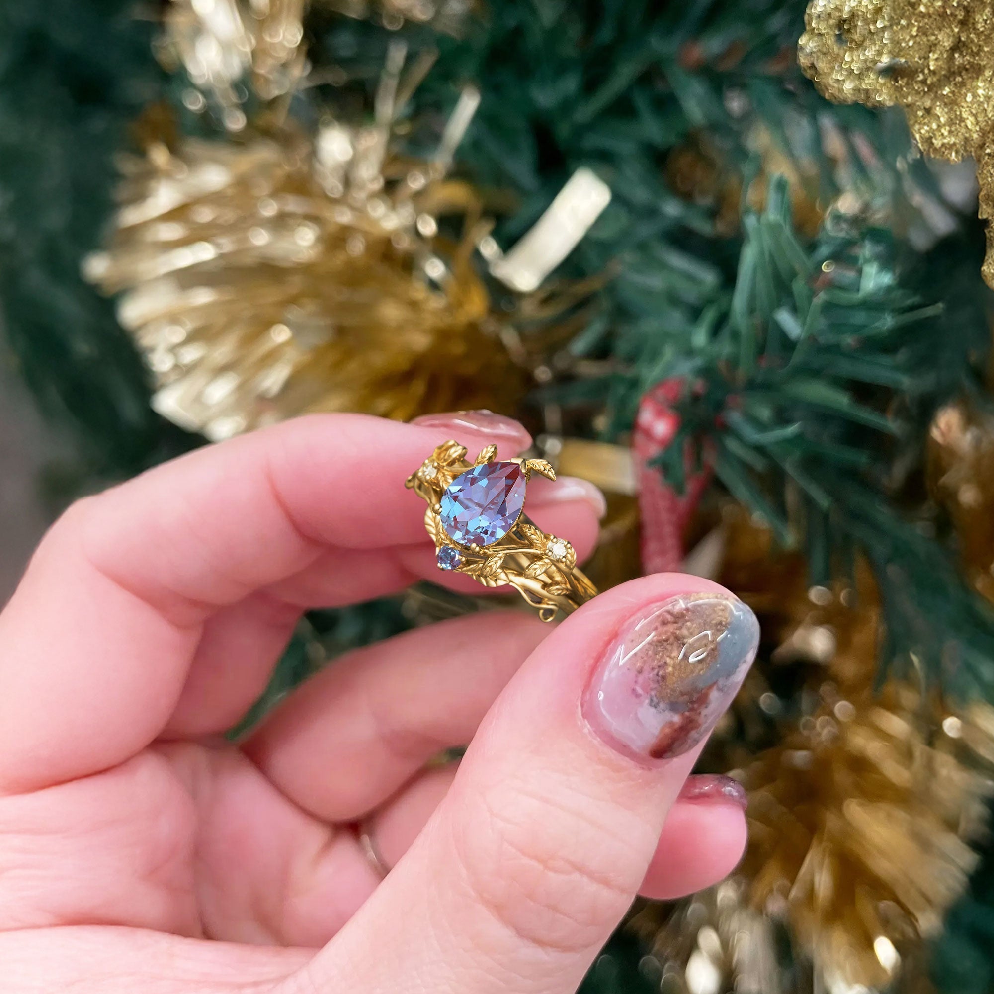 Unique Pear Lab Alexandrite Wedding Ring Set with Leaf Band - Oore Jewelry