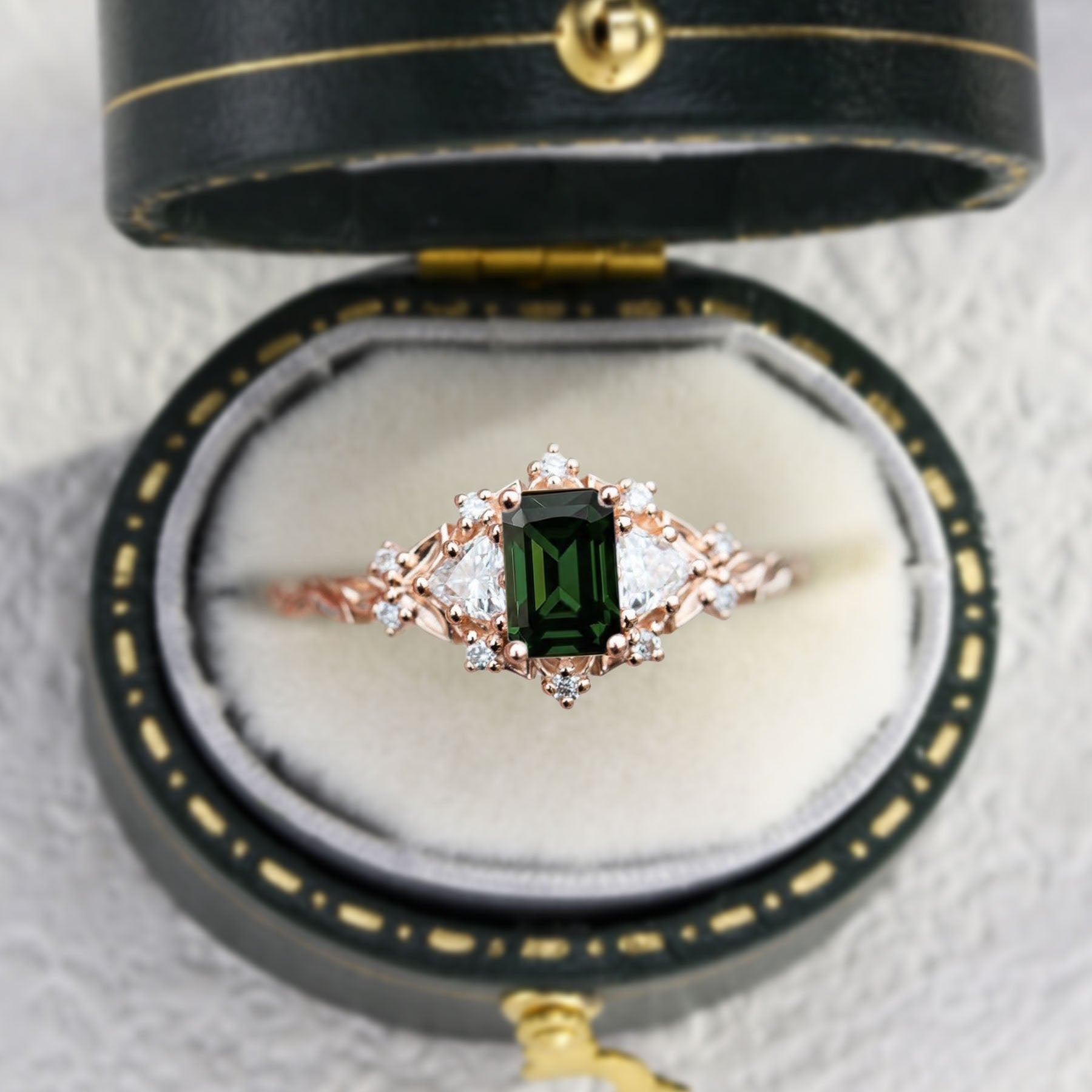Briar Rose Three Stone Emerald Cut Green Tourmaline Engagement Ring - Oore Jewelry