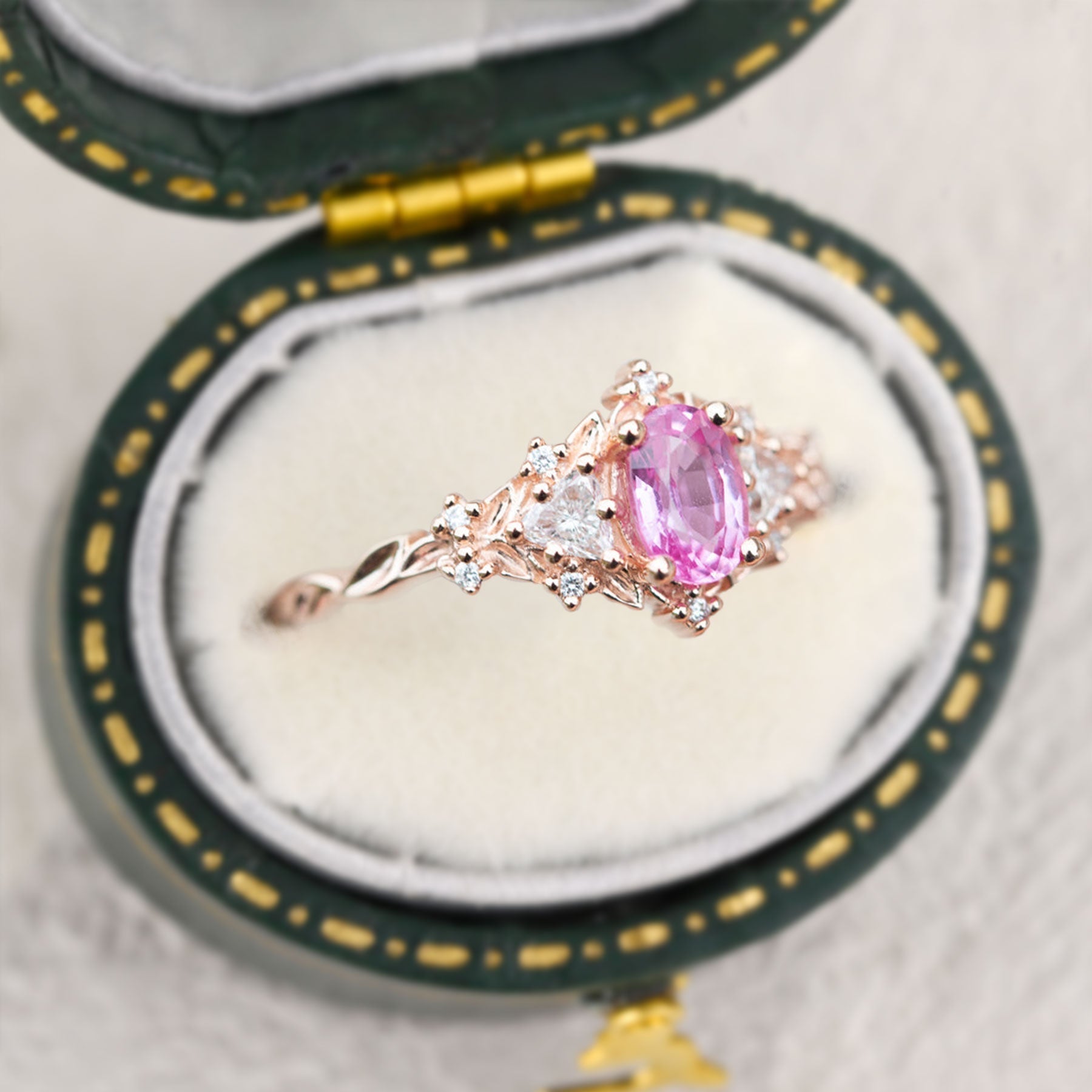 Unique Briar Rose Three Stone Oval Pink Lab Padparadscha Ring (Sunrise) - Oore Jewelry