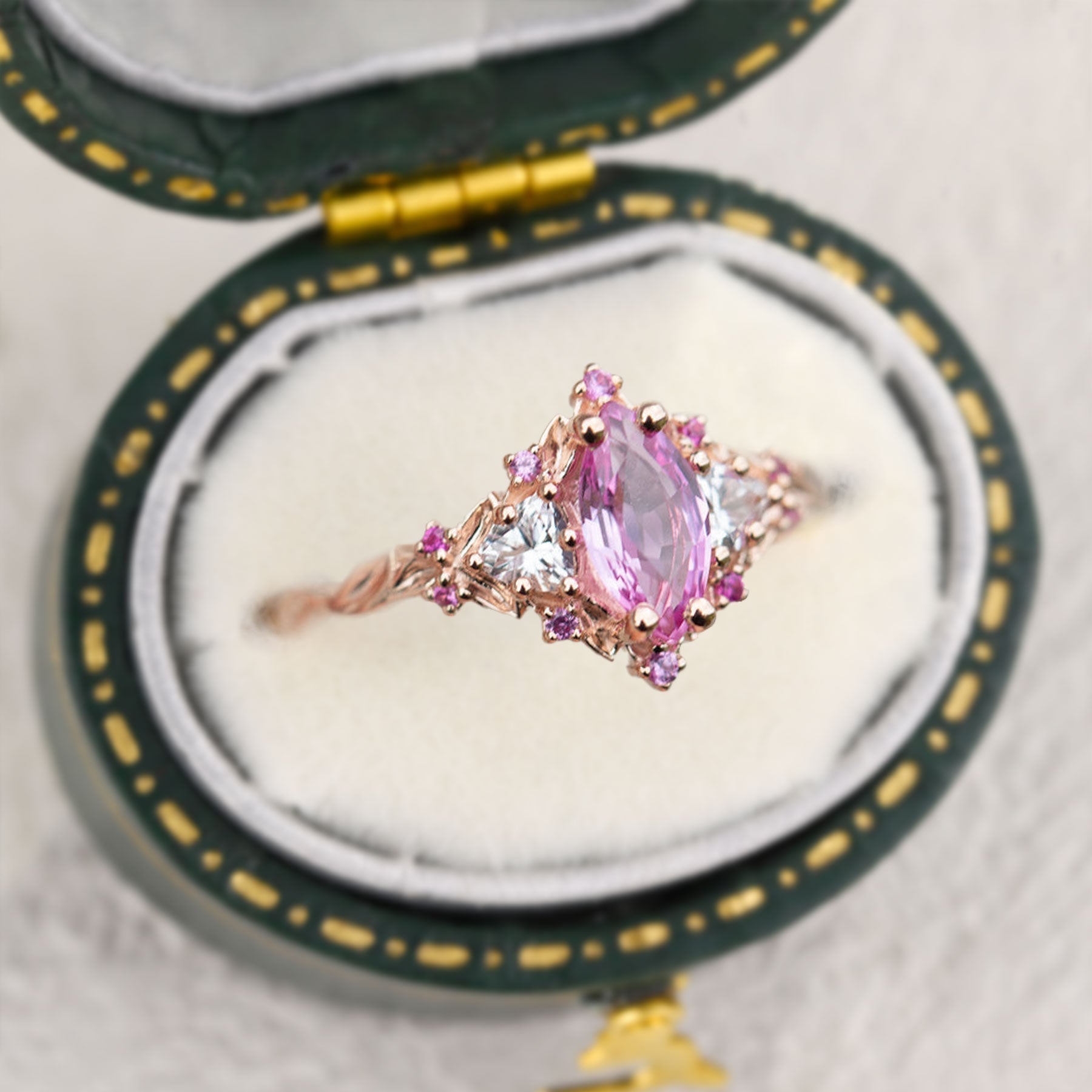Unique Briar Rose Three Stone Marquise Pink Lab Padparadscha Ring- Oore Jewelry