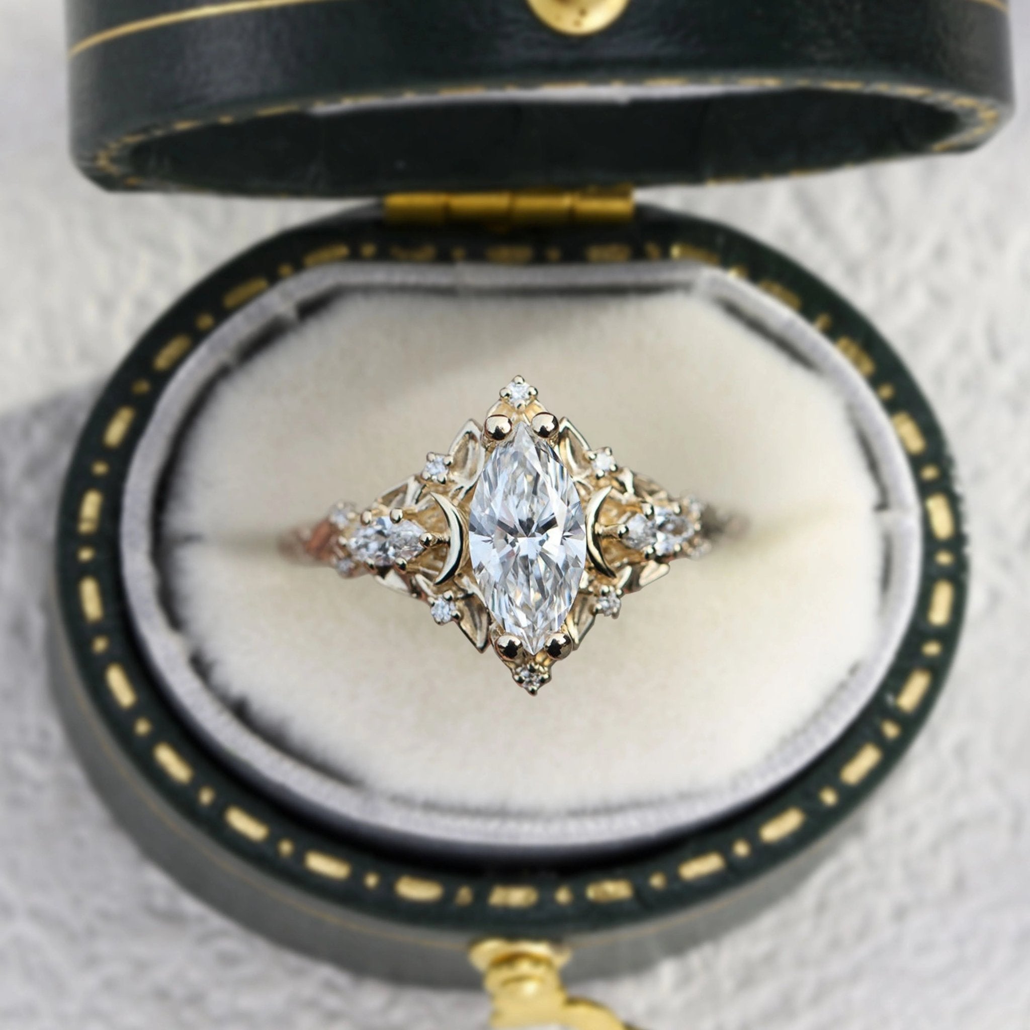 Unique floral Moon Marquise Moissanite Engagement Ring - Oore Jewelry