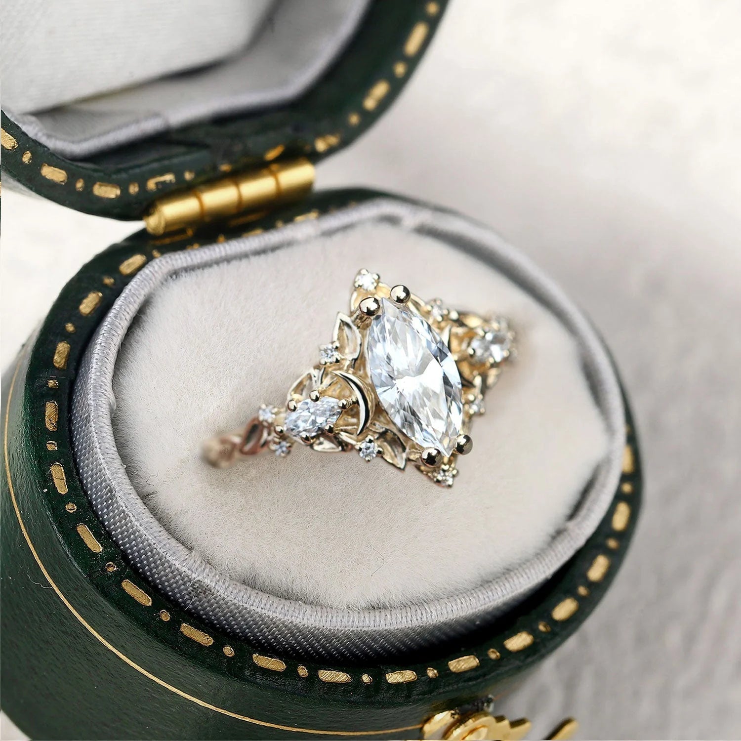 Unique floral Moon Marquise Moissanite Engagement Ring - Oore Jewelry