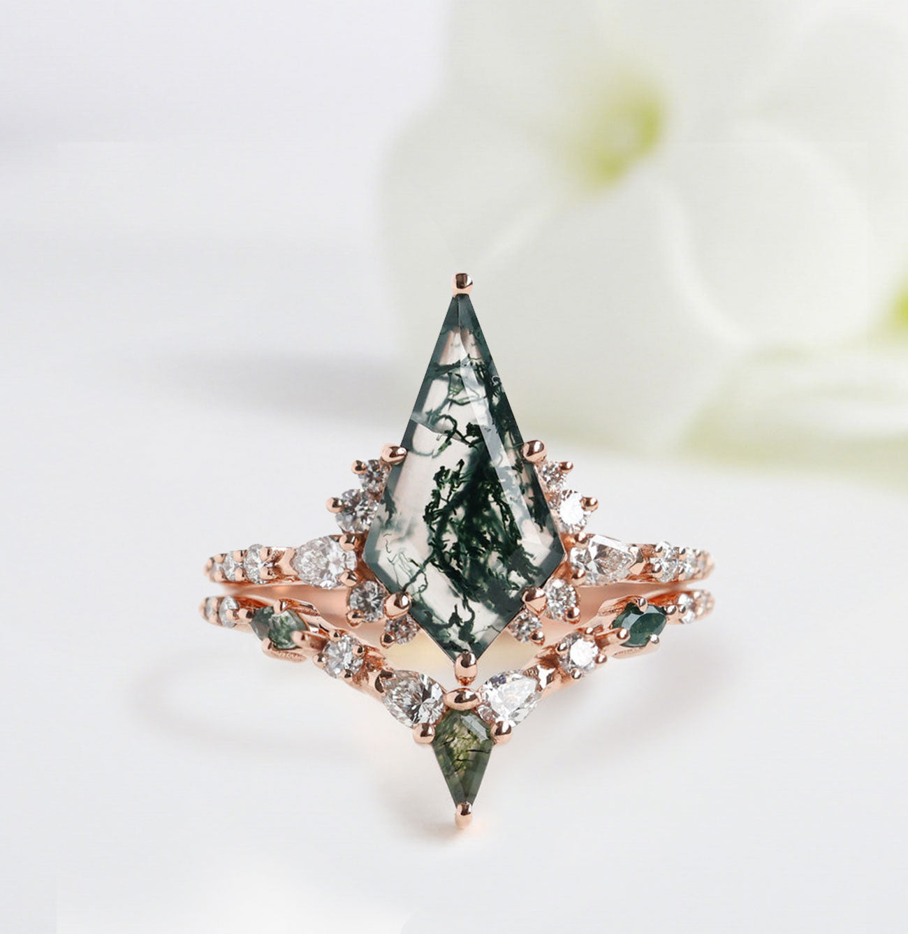 Unique Kite Moss Agate Engagement Ring Set - Oore Jewelry