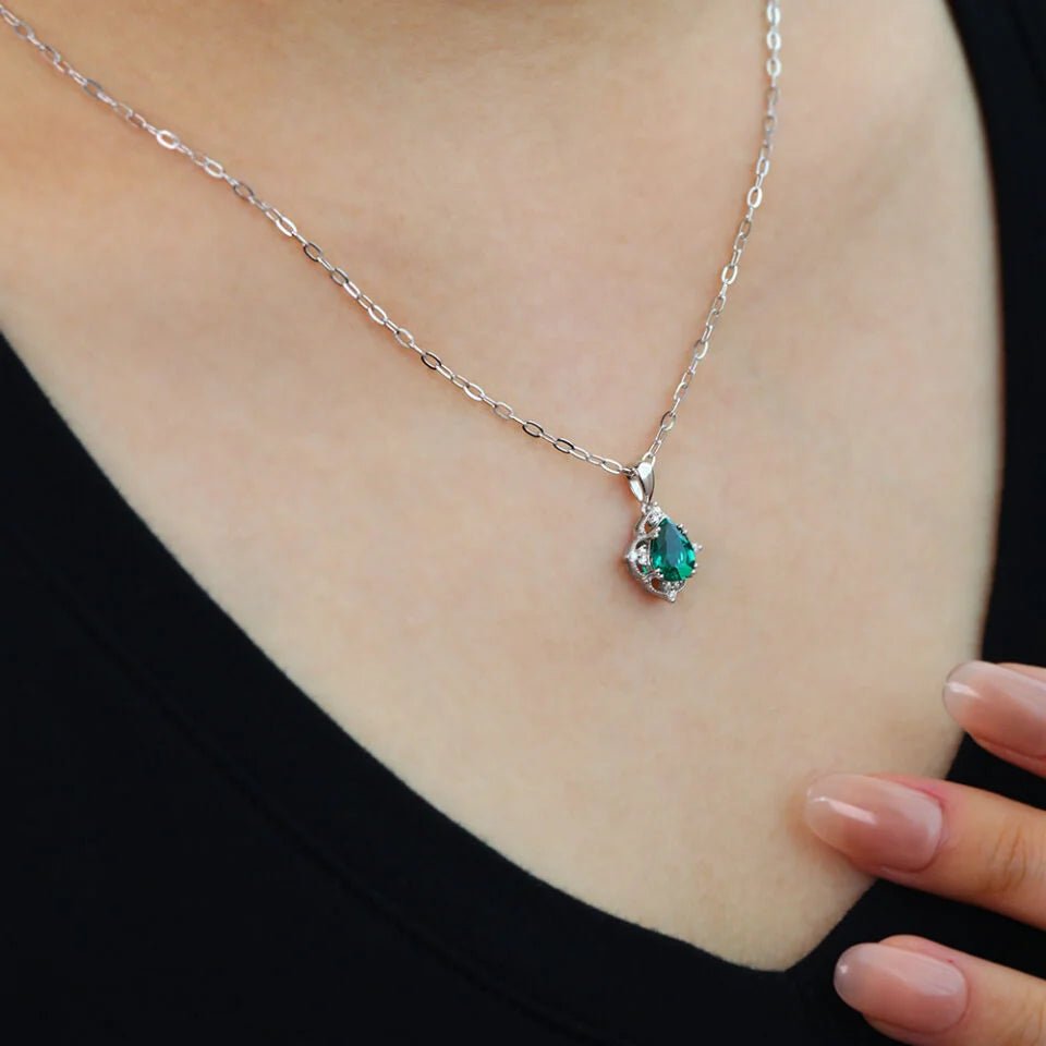 Vintage Pear Cut Lab Emerald Halo Pendant Necklace - Oore Jewelry