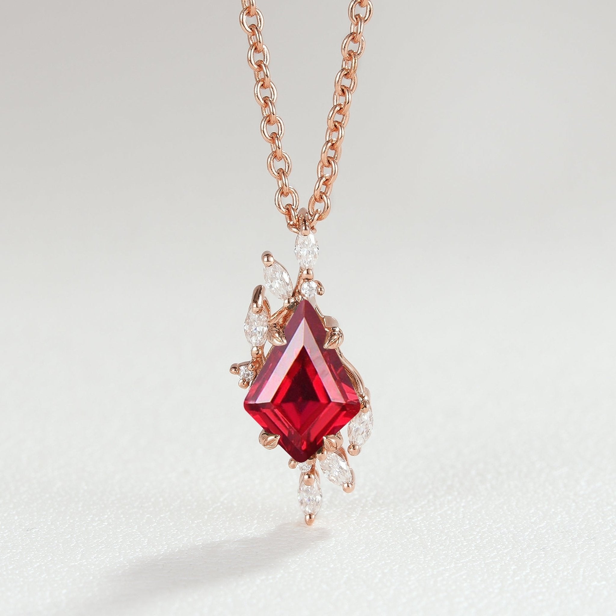 Unique Kite Cut Lab Ruby Leafy Necklace - Oore Jewelry