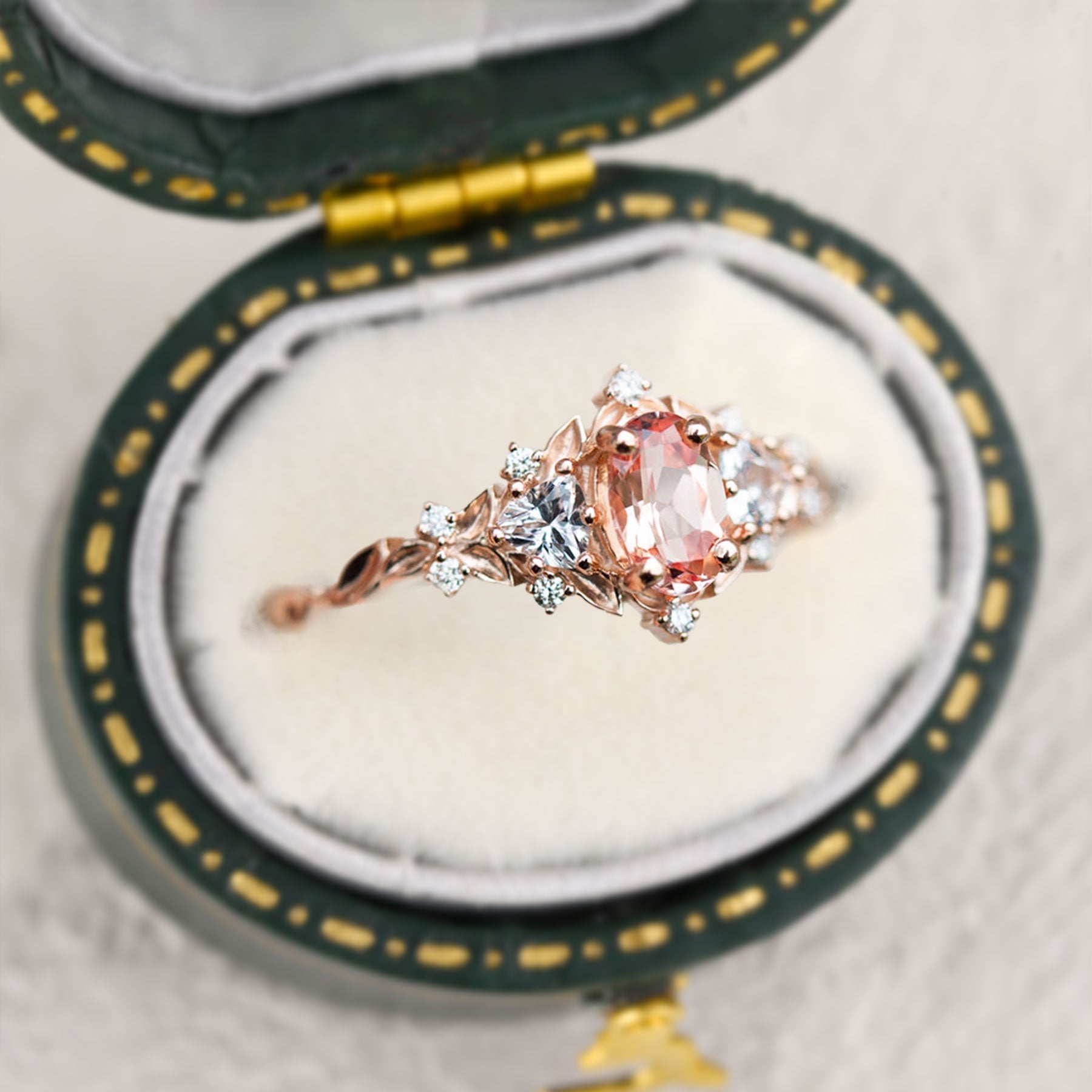 Unique Briar Rose Three Stone Oval Pink Lab Padparadscha Ring - Oore Jewelry
