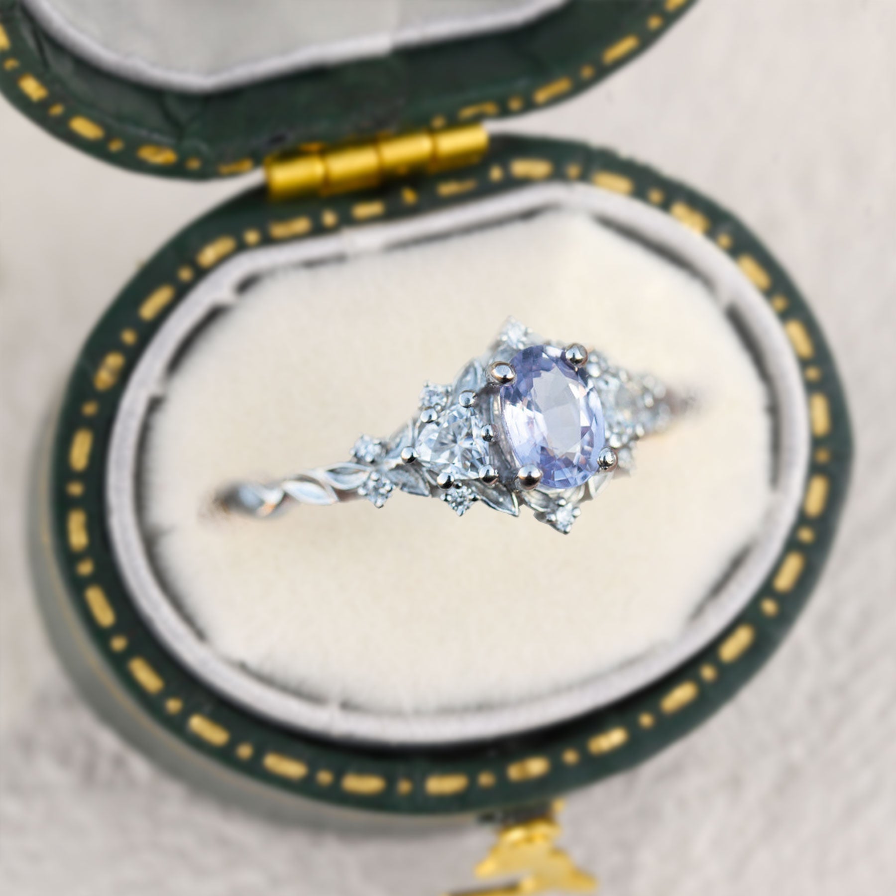 Unique Briar Rose Three Stone Oval Lab Lavender Sapphire Ring - Oore Jewelry