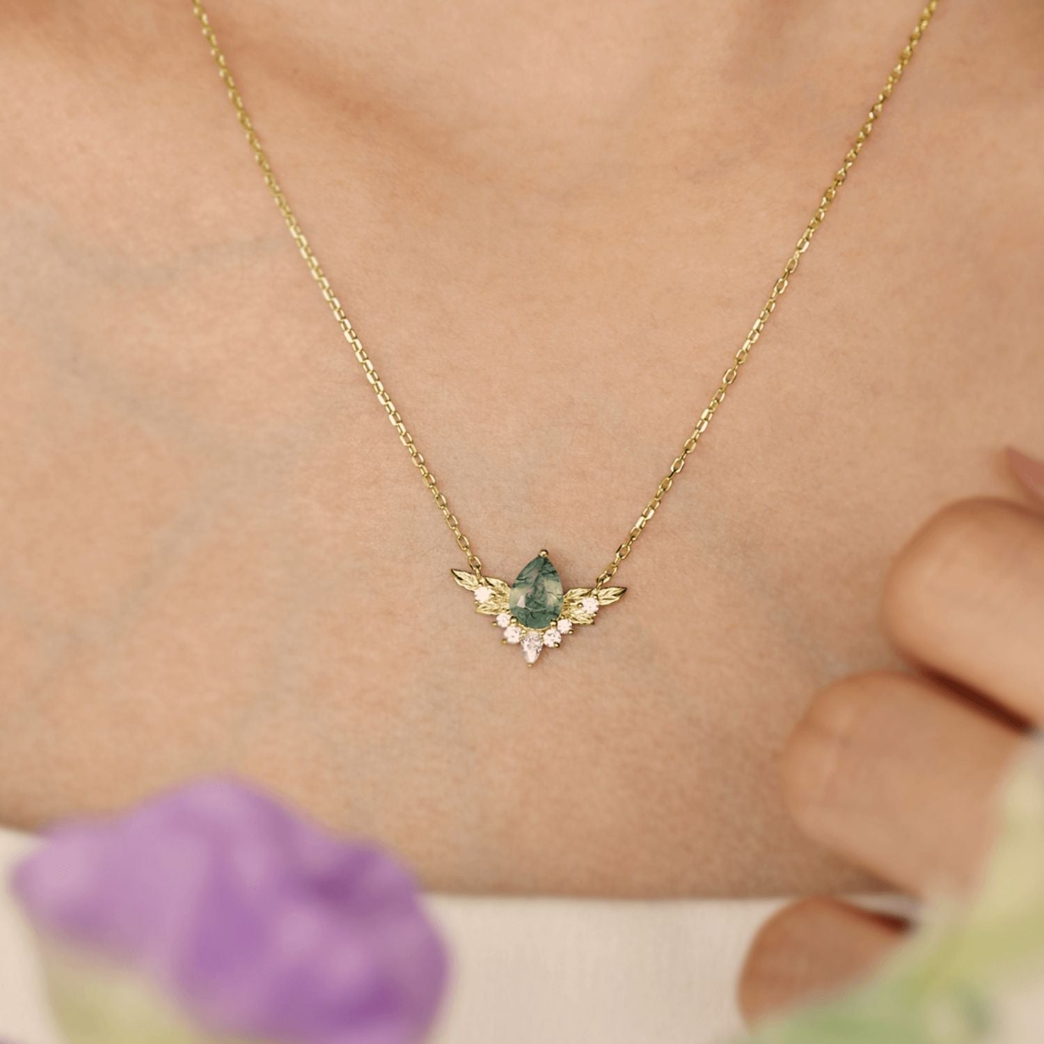 Vintage To Bloom Again Moss Agate Botanical Necklace - Oore Jewelry