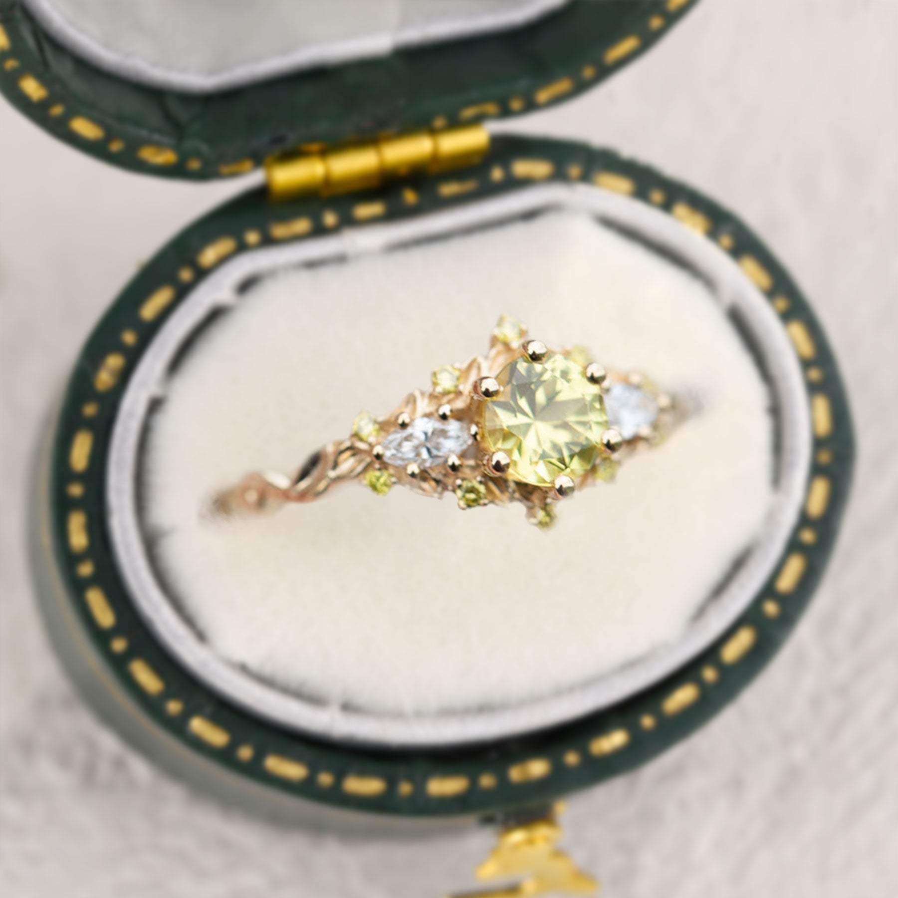 Unique Briar Rose Three Stone Round Citrine Ring - Oore Jewelry