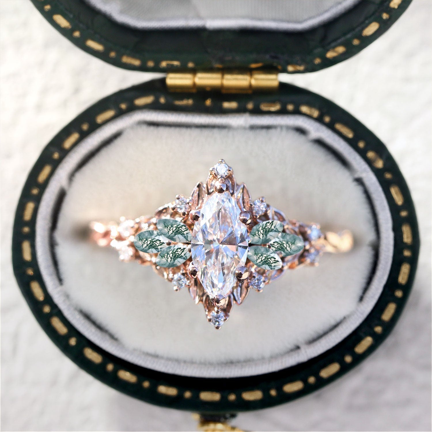 Customize your own Unique Starlight Marquise Moissanite and Moss Agate Ring - Oore Jewelry