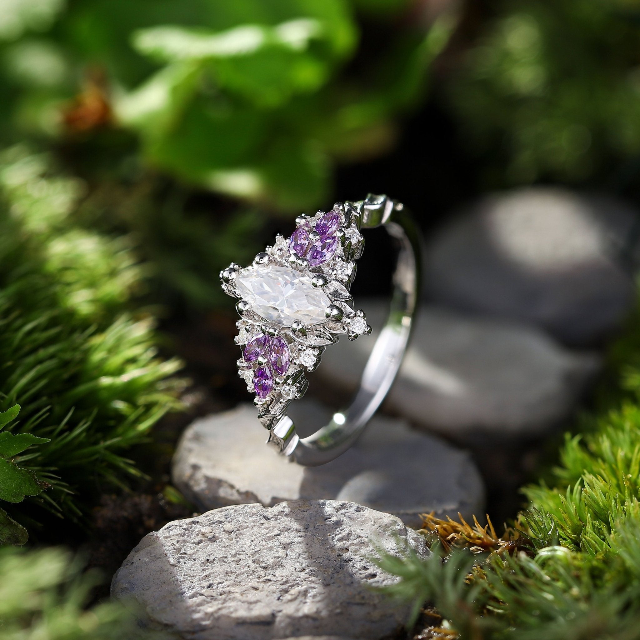 Starlight Marquise Moissanite and Lab Tanzanite Engagement Ring - Oore Jewelry
