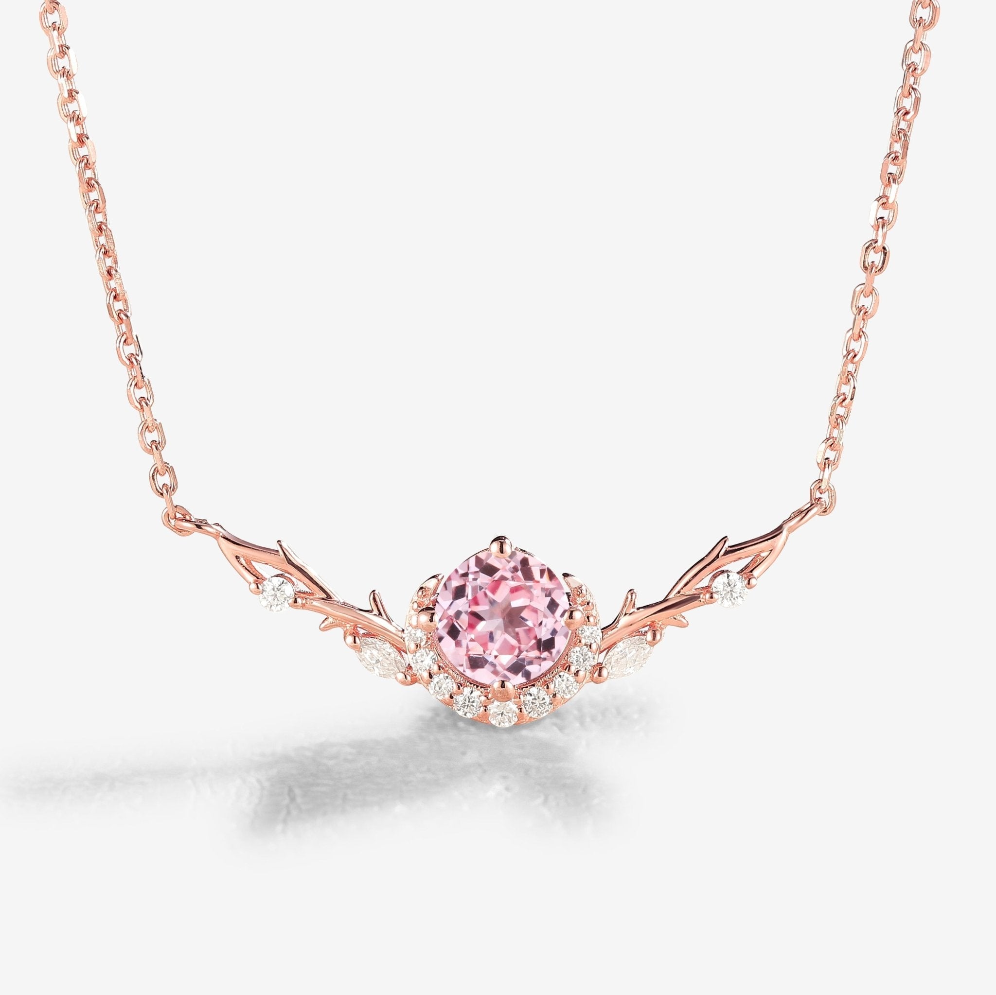 Unique Round Cut Lab Pink Sapphire Vine Necklace - Oore Jewelry