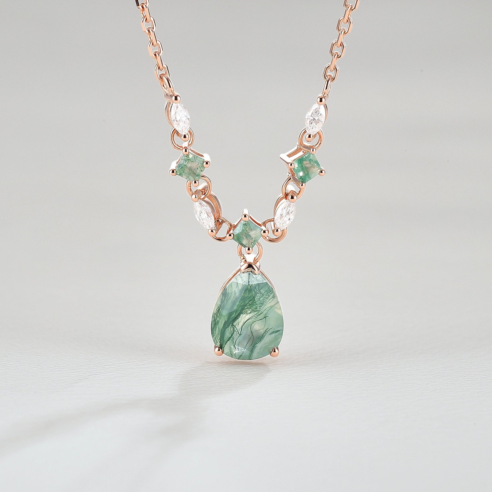 Unique Cluster Pear Cut Moss Agate and Moissanite Necklace - Oore Jewelry