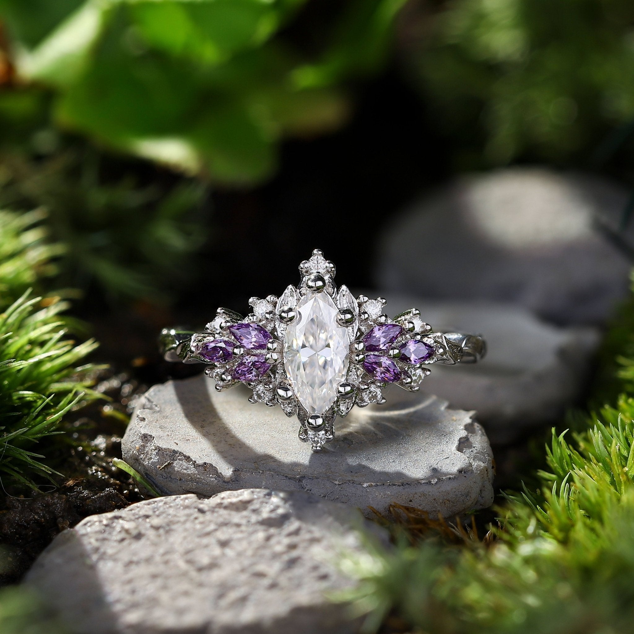 Starlight Marquise Moissanite and Lab Tanzanite Engagement Ring - Oore Jewelry