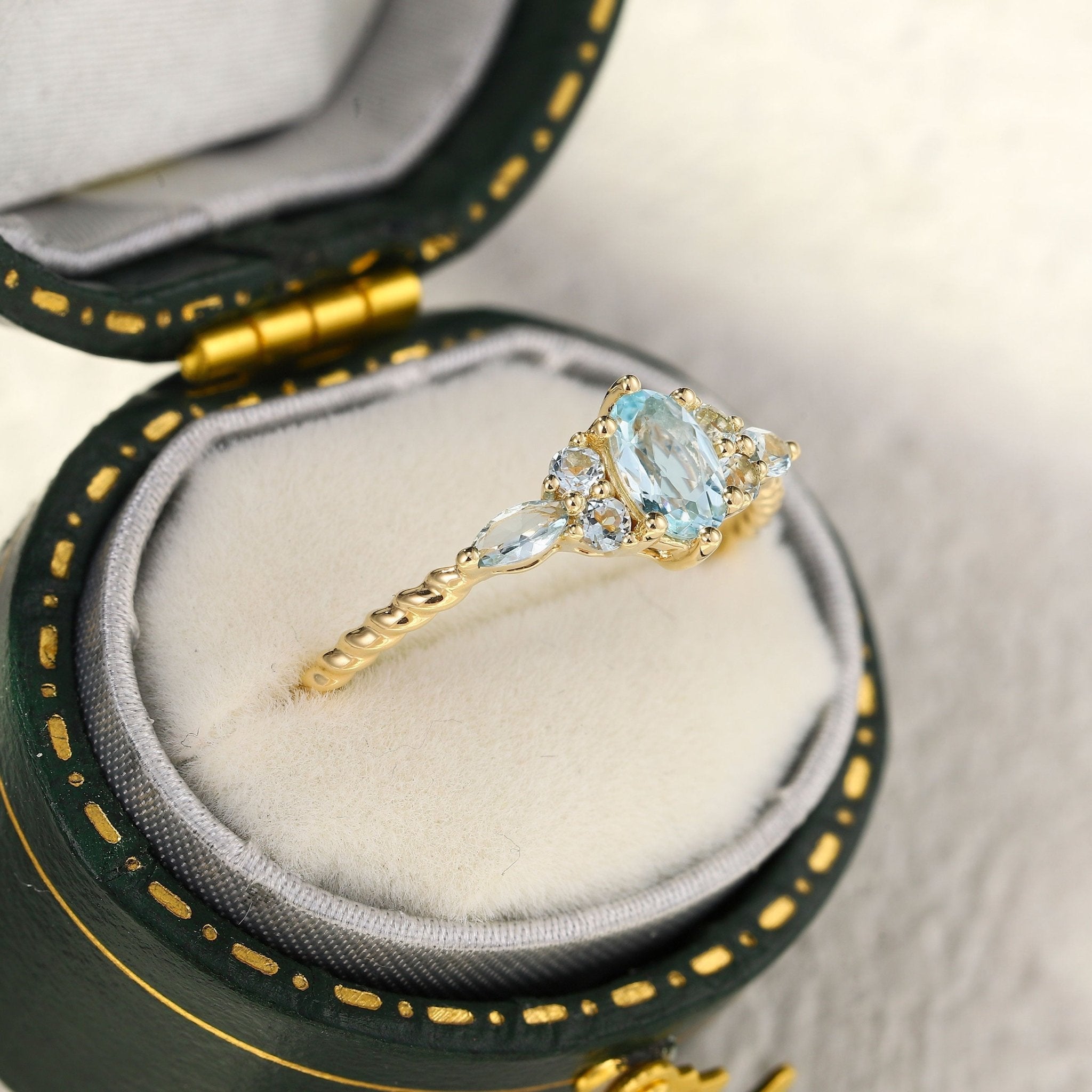 Vintage Oval Lab Aquamarine Twisted Engagement Ring for Women - Oore Jewelry
