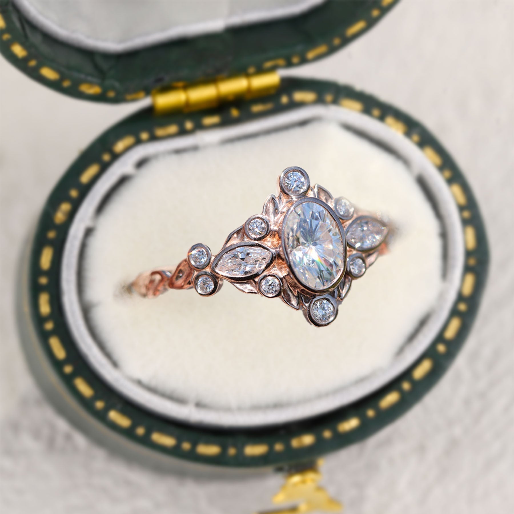 Unique Briar Bezel Three Stone Oval Moissanite Ring - Oore Jewelry