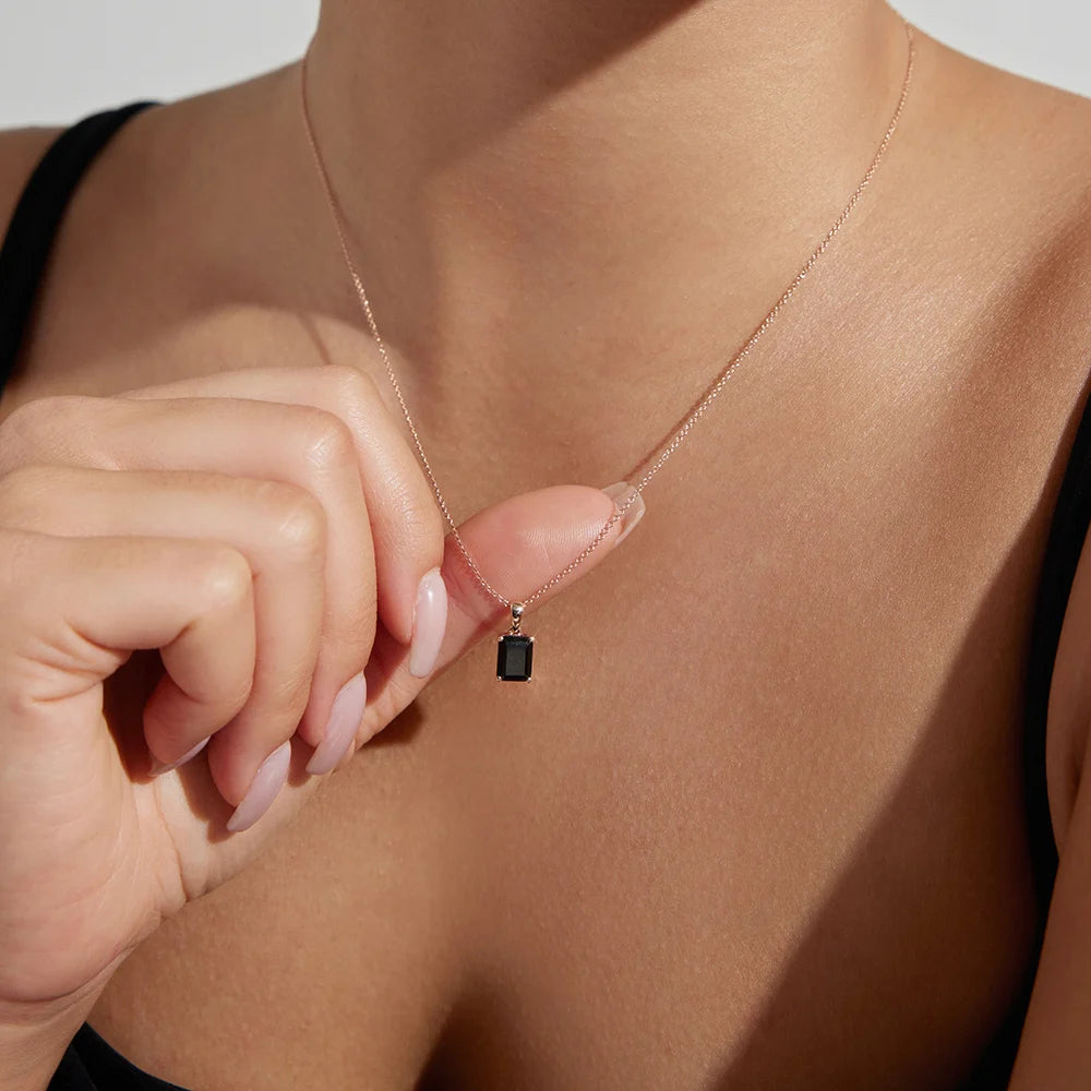 Minimalist Emerald Cut Black Onyx Solitaire Pendant Necklace - Oore Jewelry