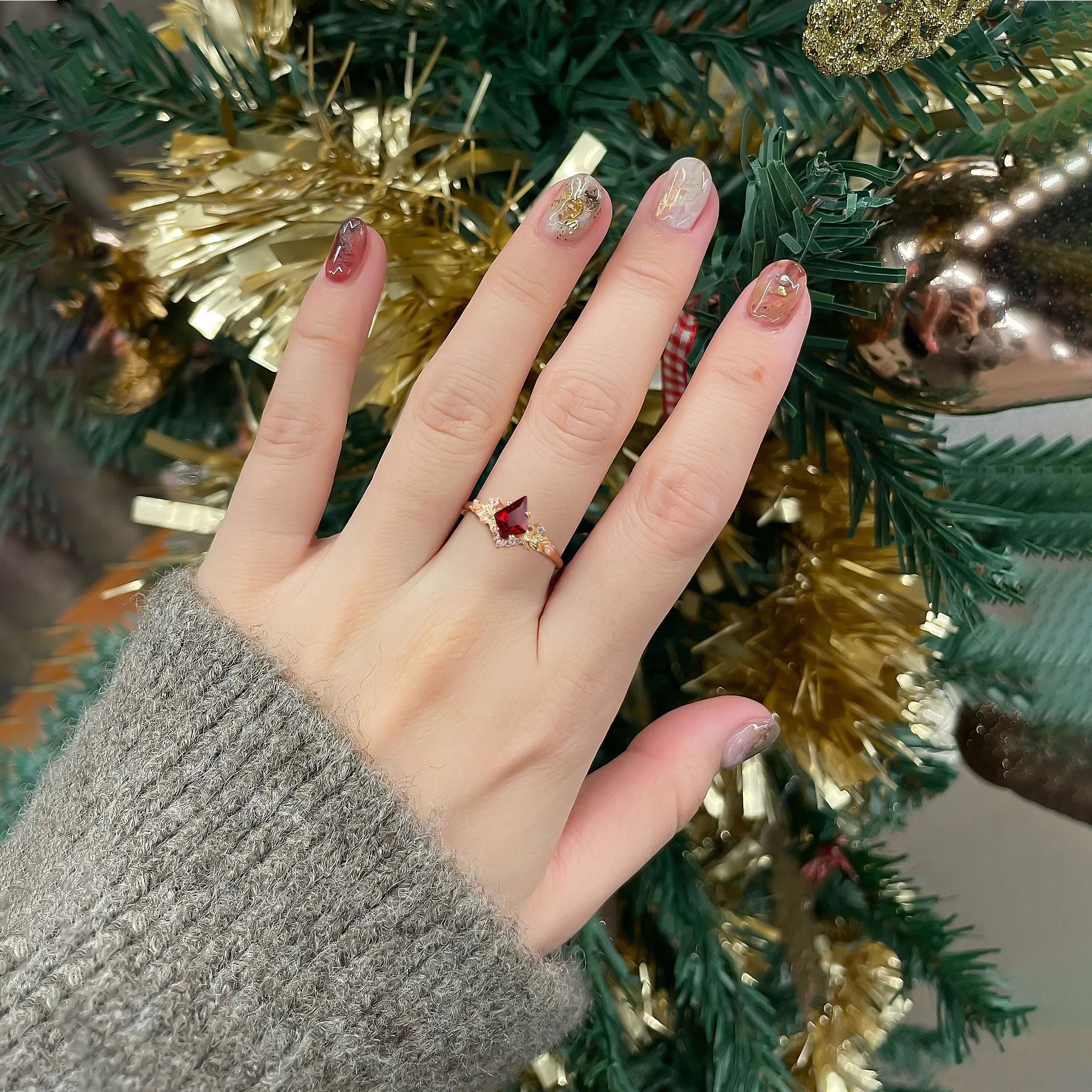 Unique Kite Lab Ruby and Lab Moonstone Cluster Leaf Ring - Oore Jewelry
