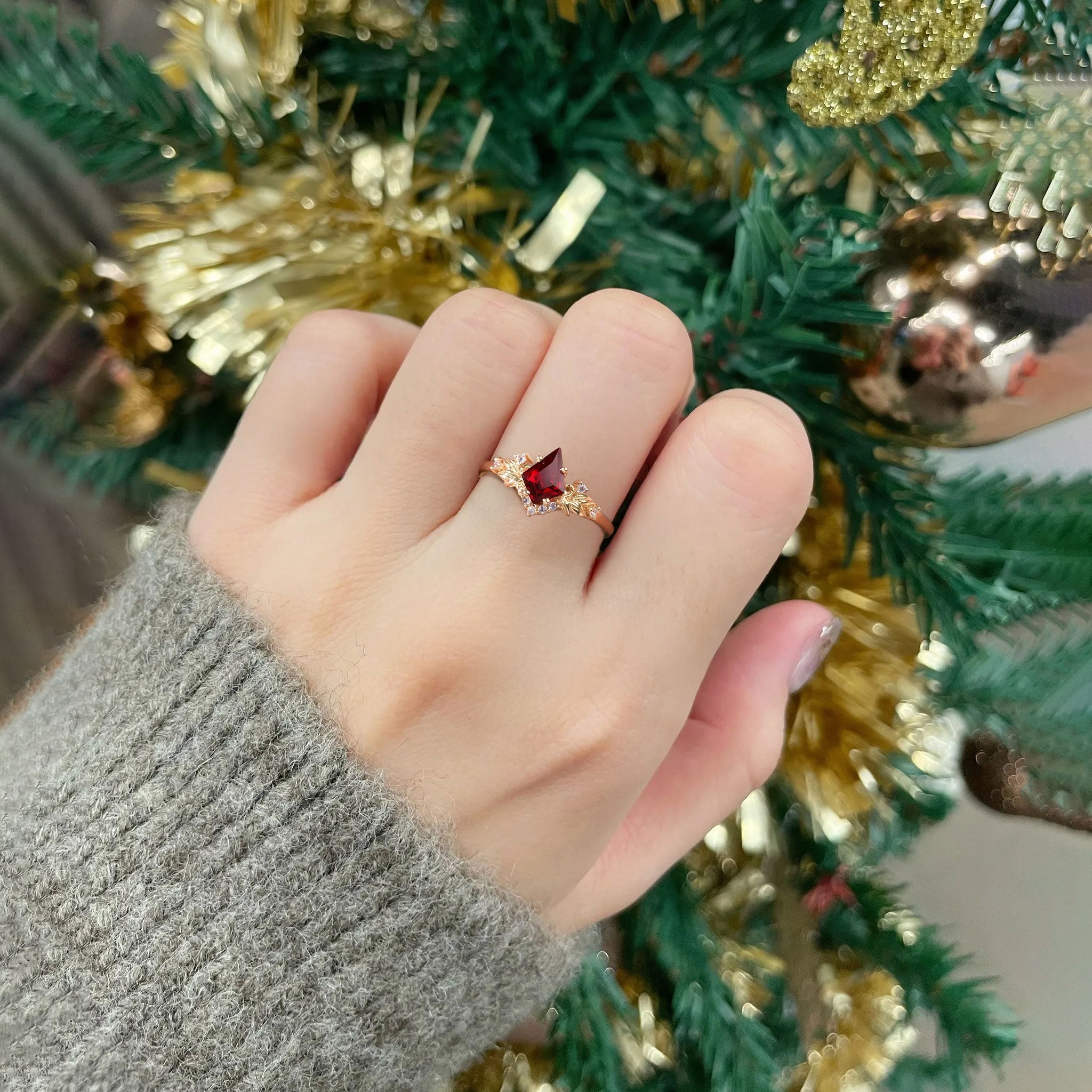 Unique Kite Lab Ruby and Lab Moonstone Cluster Leaf Ring - Oore Jewelry