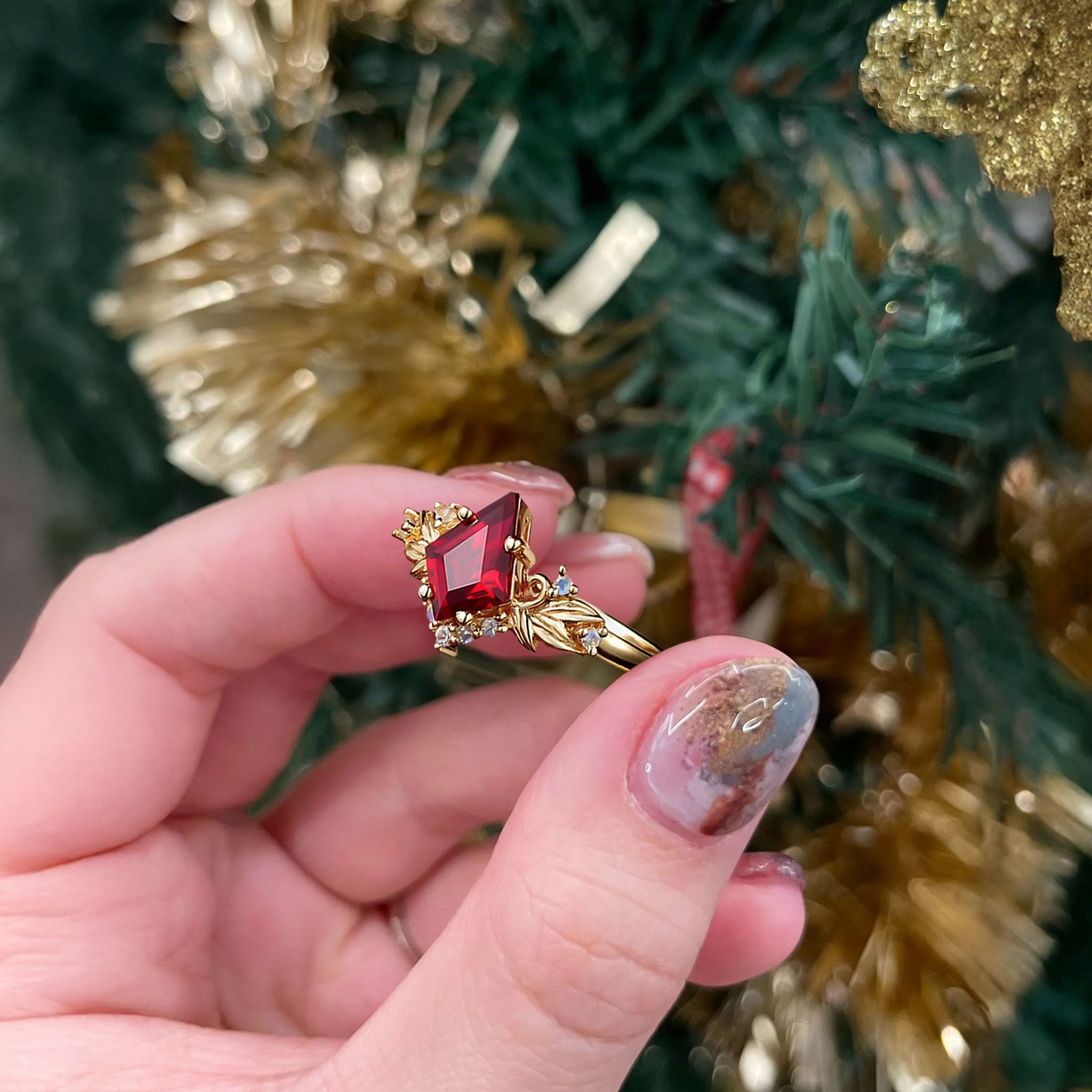 Unique Kite Lab Ruby and Lab Moonstone Cluster Leaf Ring - Oore Jewelry