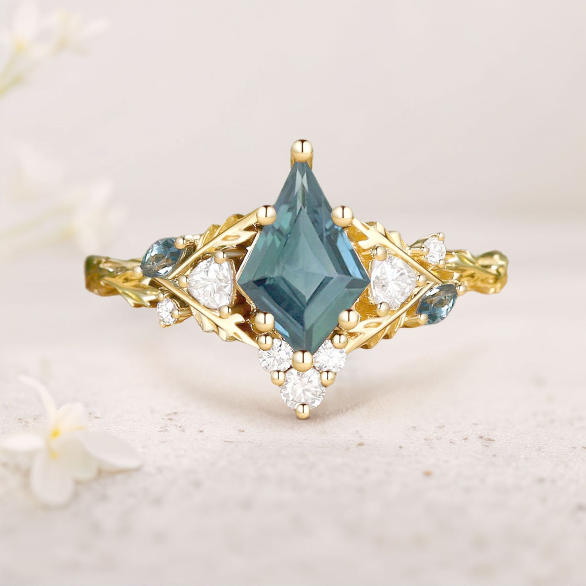 Unique Kite Green Lab Sapphire Oak Leaf Engagement Ring - Oore Jewelry