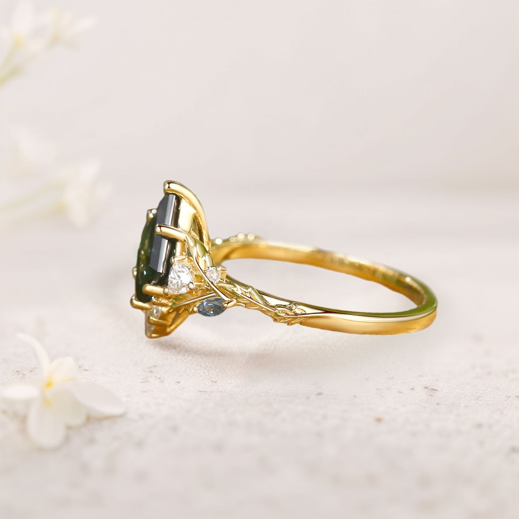 Unique Kite Green Lab Sapphire Oak Leaf Engagement Ring - Oore Jewelry