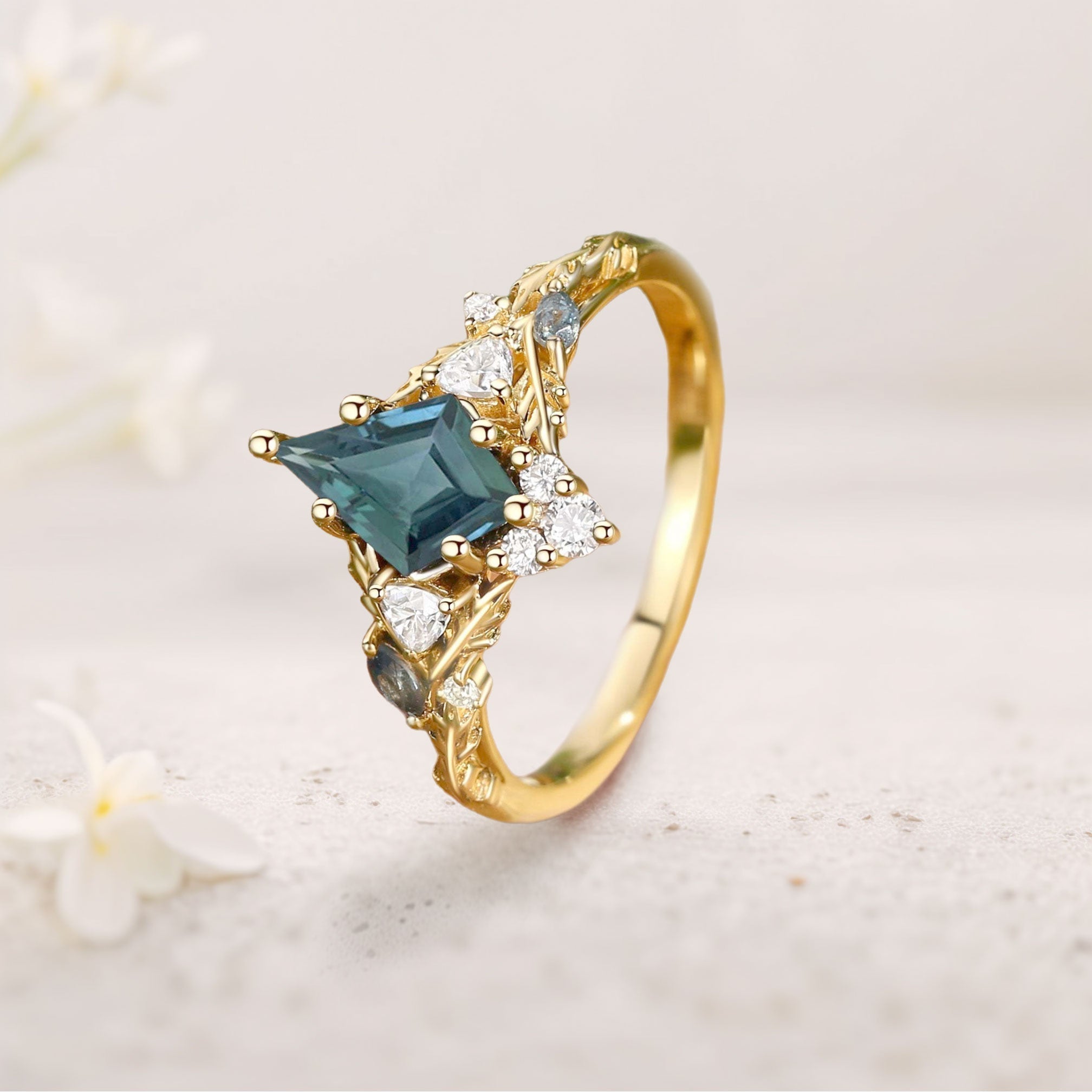 Unique Kite Green Lab Sapphire Oak Leaf Engagement Ring - Oore Jewelry