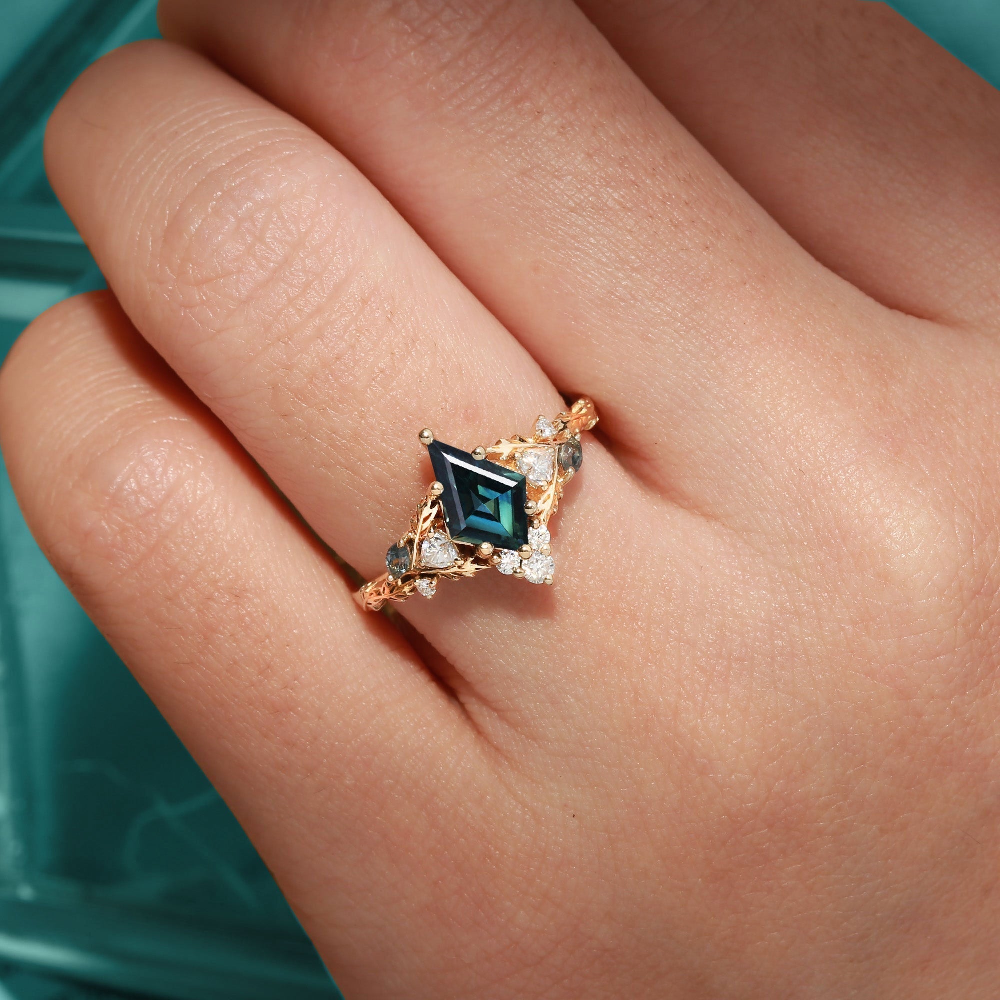 Unique Kite Green Lab Sapphire Oak Leaf Engagement Ring - Oore Jewelry
