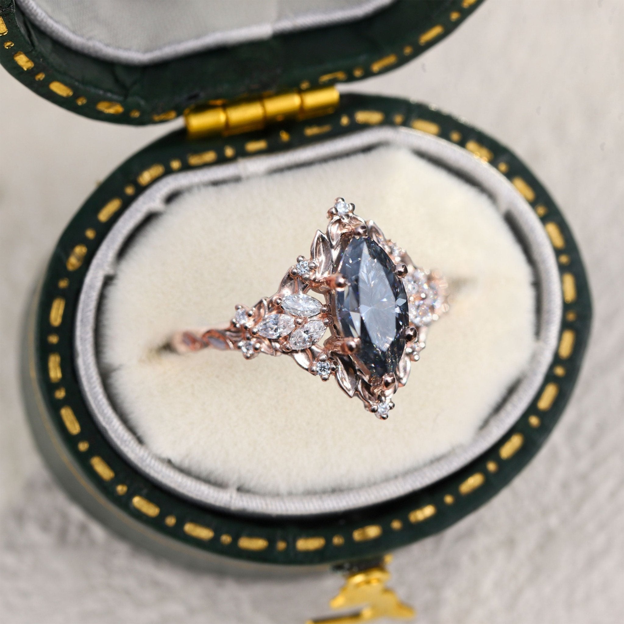 Unique Briar Rose Starlight Marquise Grey Moissanite Ring - Oore Jewelry