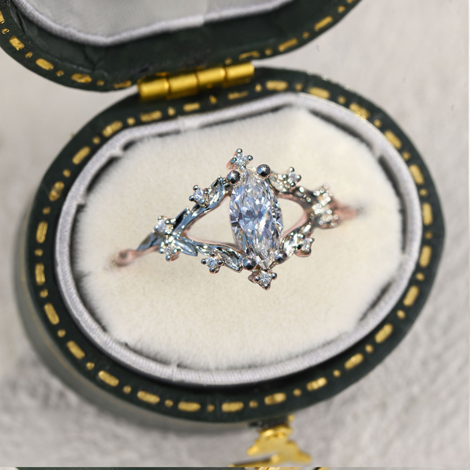 Unique Briar Rose Marquise Moissanite Ring - Oore Jewelry