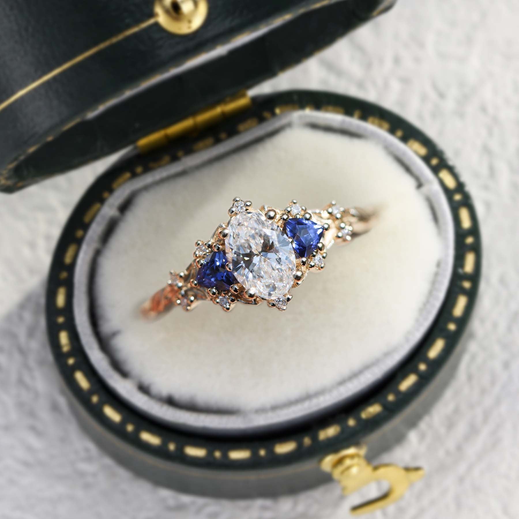 Unique Briar Rose Oval Moissanite and Lab Sapphire Ring - Oore Jewelry