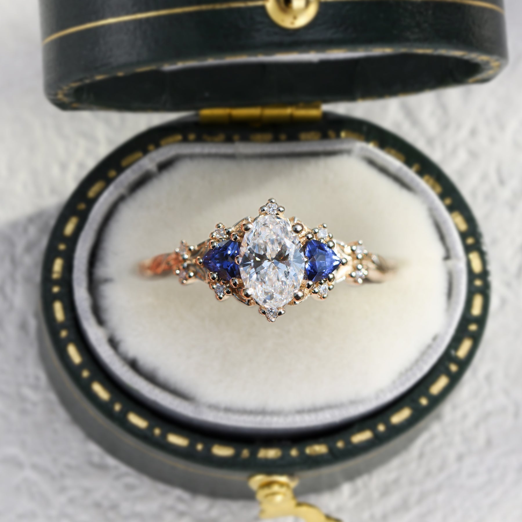 Unique Briar Rose Oval Moissanite and Lab Sapphire Ring - Oore Jewelry