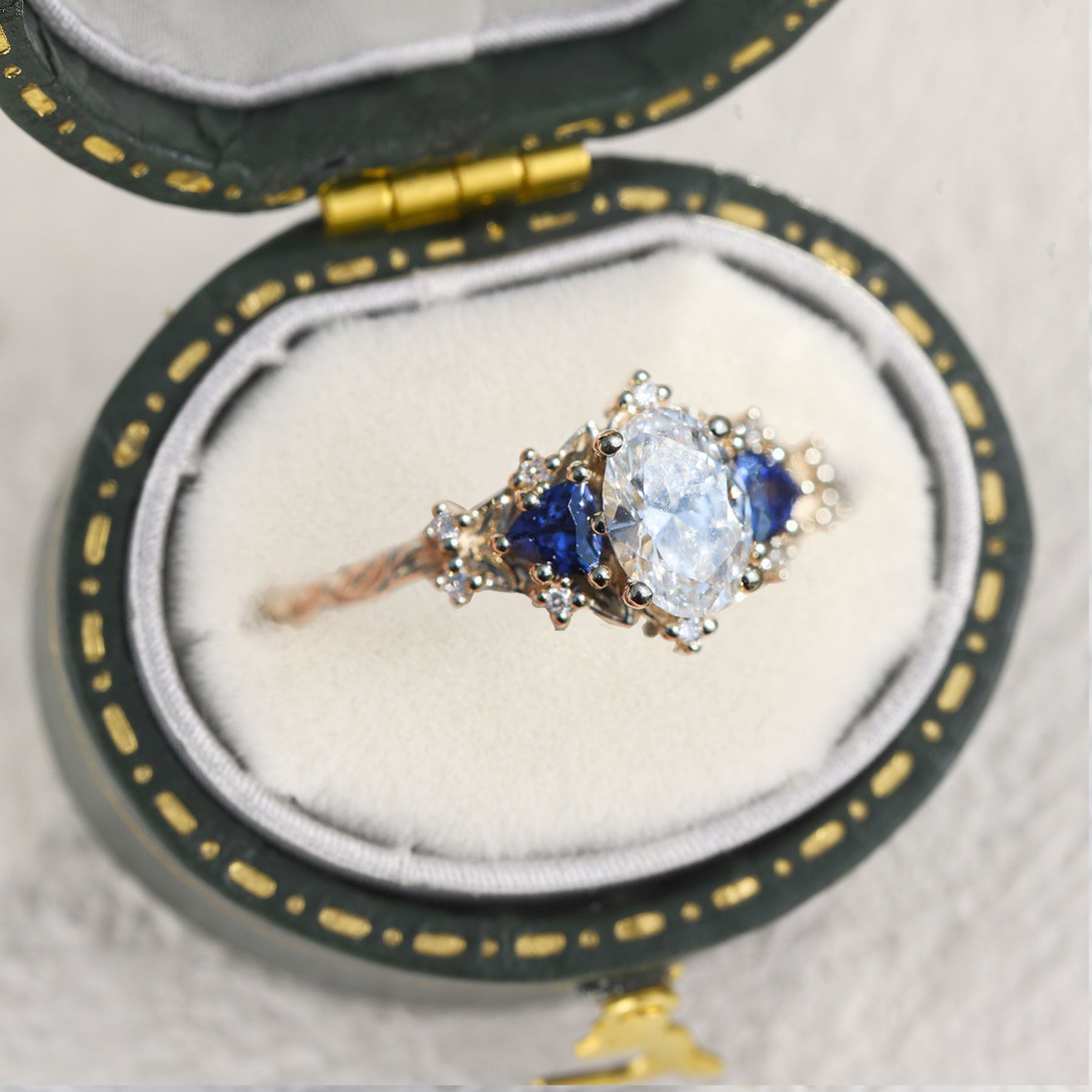 Unique Briar Rose Oval Moissanite and Lab Sapphire Ring - Oore Jewelry