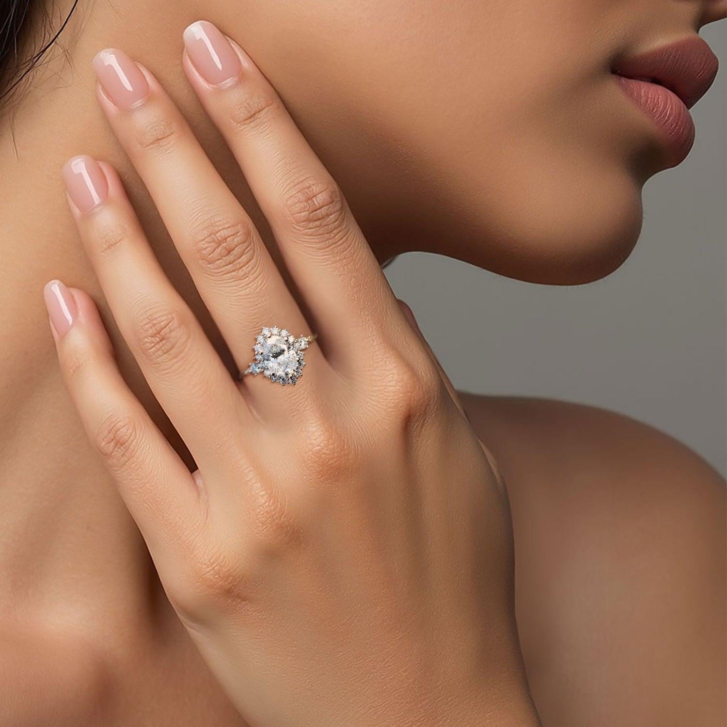 Unique Ash Oval Halo Moissanite Ring - Oore Jewelry