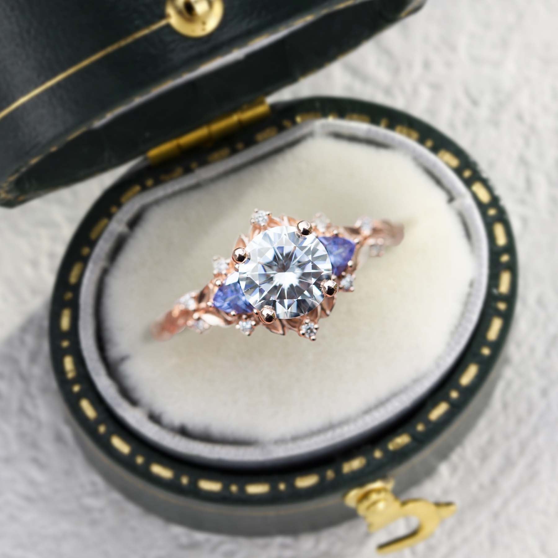 Unique Briar Rose Three Stone Round Moissanite Ring - Oore Jewelry