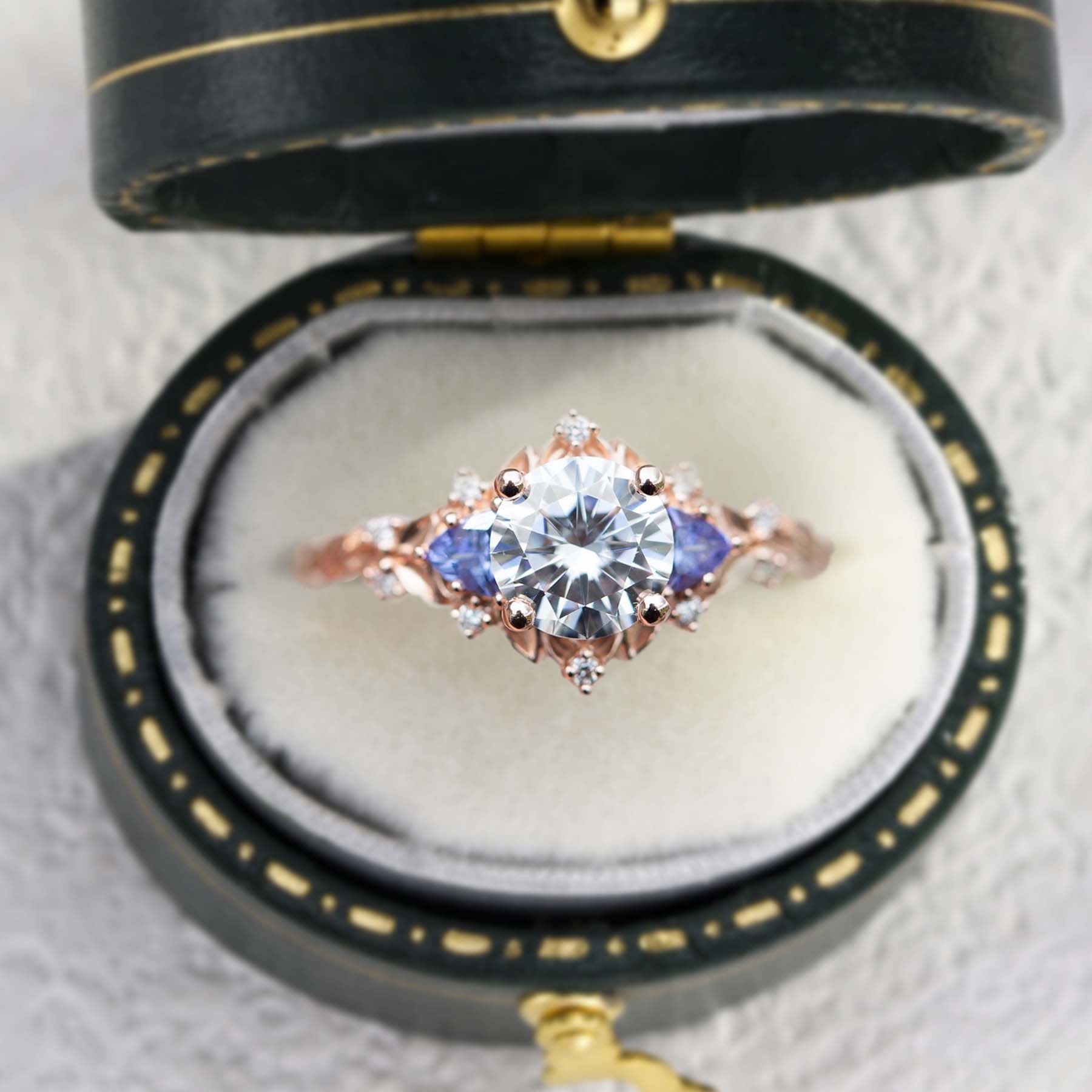 Unique Briar Rose Three Stone Round Moissanite Ring - Oore Jewelry