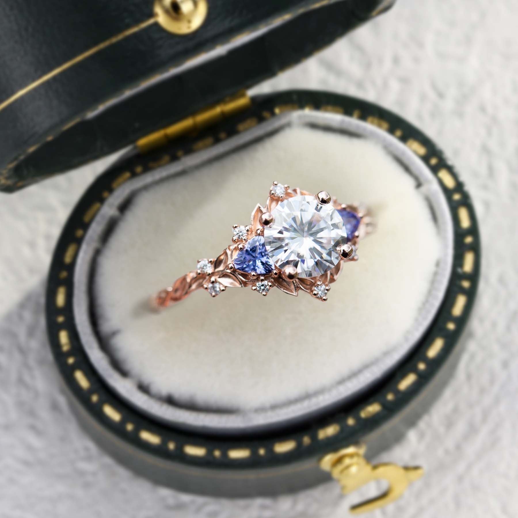 Unique Briar Rose Three Stone Round Moissanite Ring - Oore Jewelry