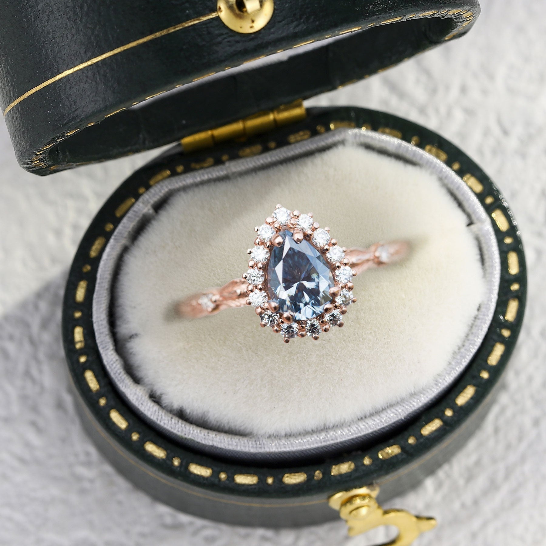 Unique Halo Leaf Pear Blue Grey Moissanite Ring - Oore Jewelry