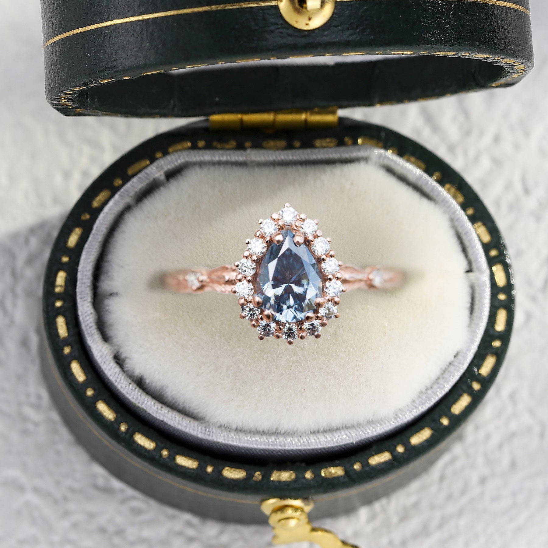 Unique Halo Leaf Pear Blue Grey Moissanite Ring - Oore Jewelry